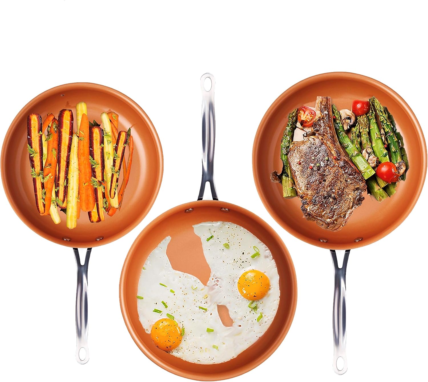 Gotham Steel Frying Pan Set, 3 Piece Nonstick Ceramic Copper Fry Pans