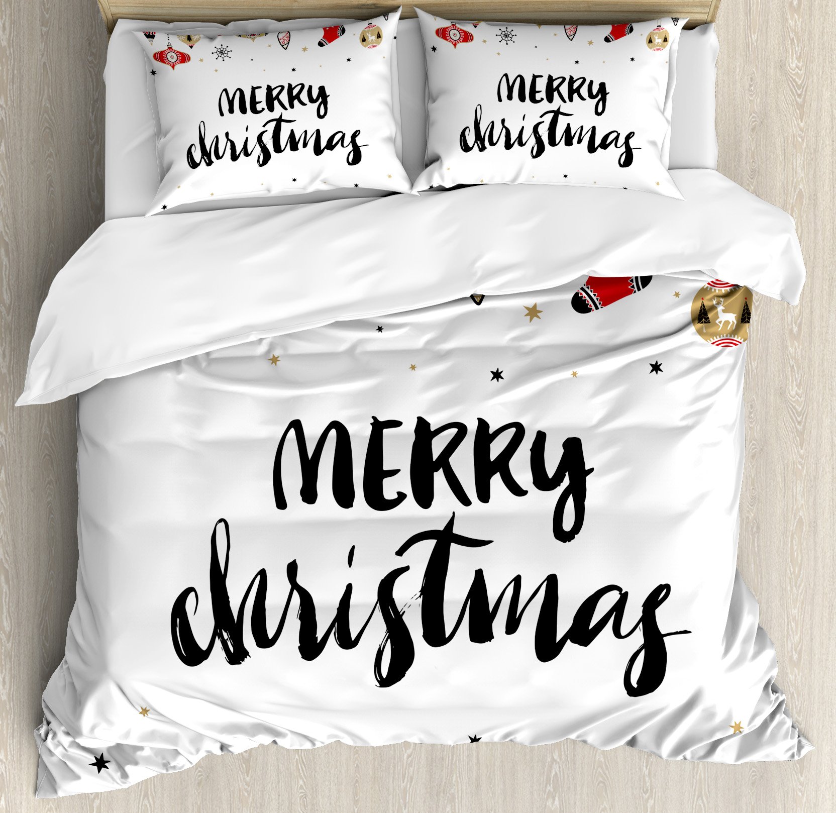Ambesonne Christmas Duvet Cover Set, Merry Xmas Words Modern Brush Lettering Creative Noel Phrase In