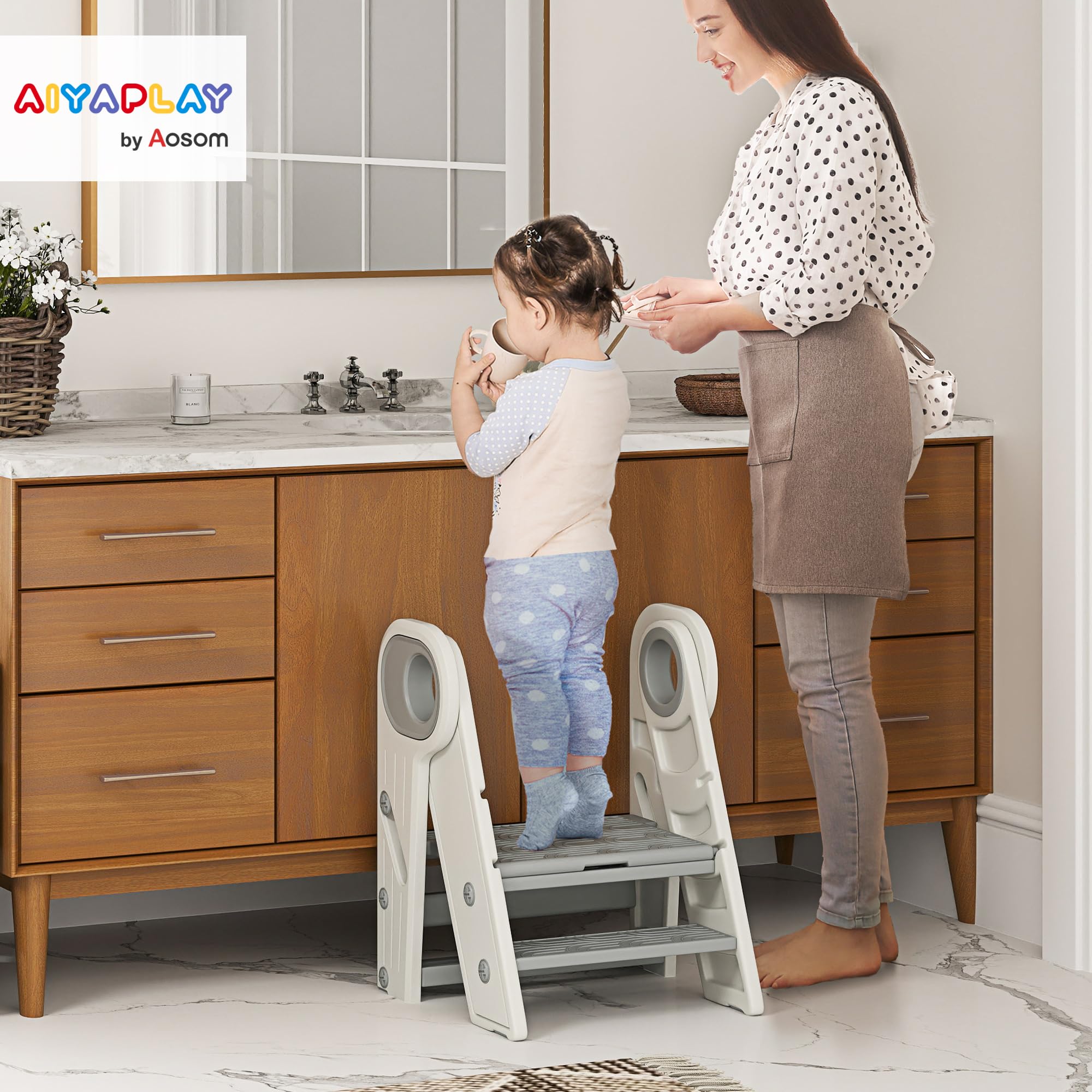 AIYAPLAY Marche Pied pour Enfant 3 marches, Pliable, avec poignées, Gris | Marchepied de cuisine pour enfant, hauteur ajustable, surface antidérapante, pour salle de bain, cuisine