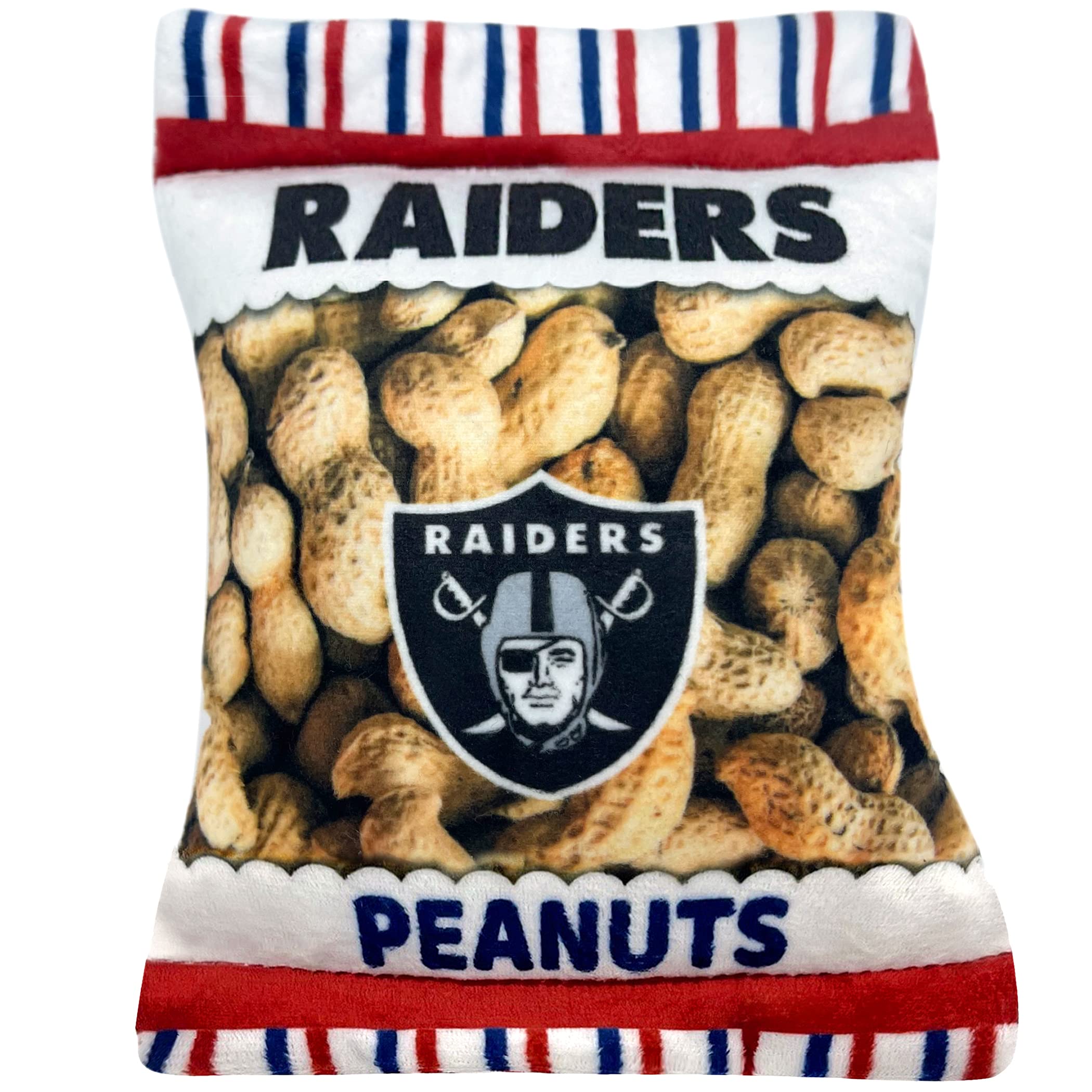 Pets FirstNFL LAS VEGAS RAIDERS CRINKLE FINE PLUSH DOG & CAT SQUEAK TOY - Cutest STADIUM PEANUTS SNACK Plush Toy for DOGS & CATS with INNER SQUEAKER & Beautiful Baseball Team Name/Logo