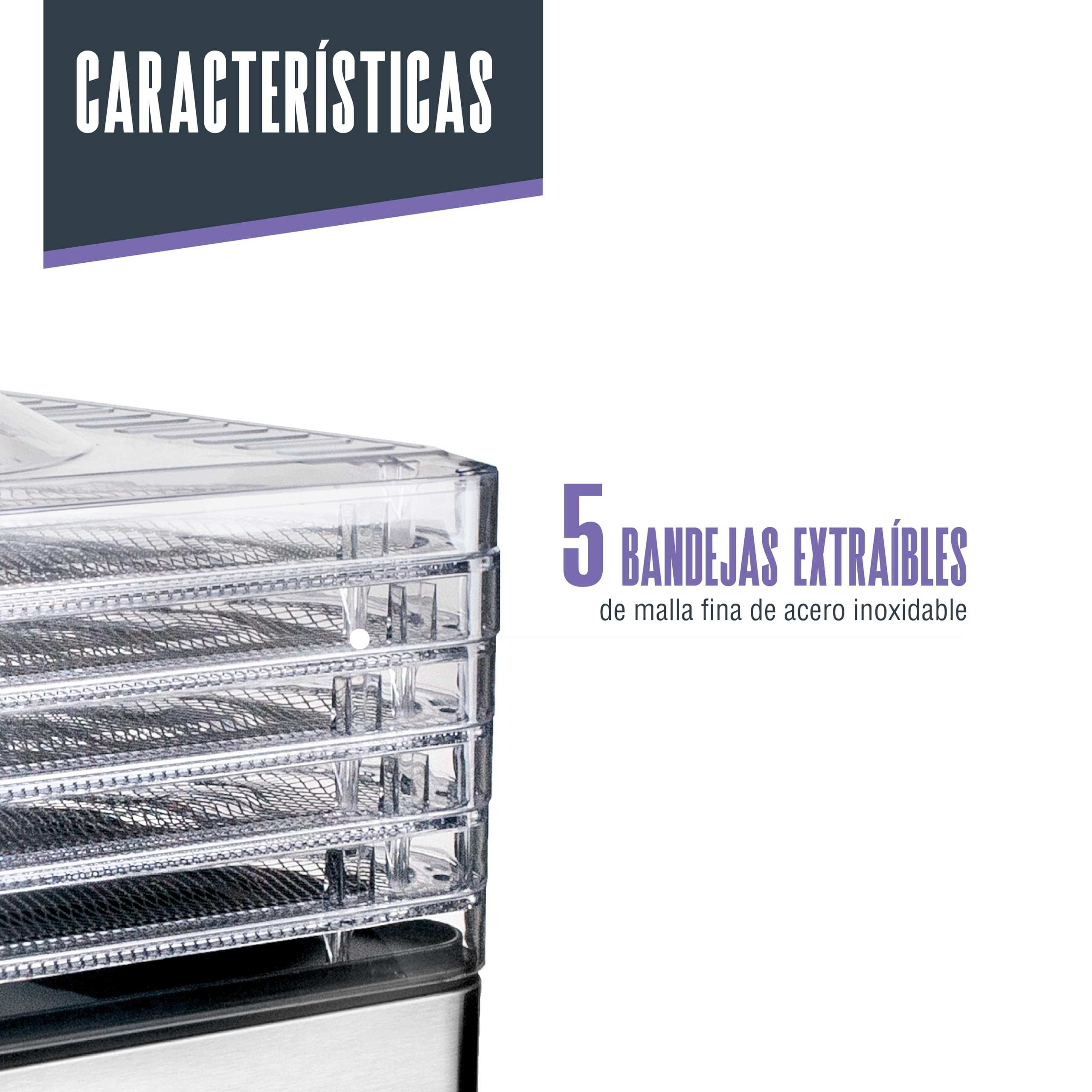 LACOR - 69522 - Deshidratador de Alimentos Eléctrico Bryssa Fruta Carne | 5 rejillas de acero inoxidable regulables; pantalla digital con temporizador; termostato 35-70°C; snacks saludables y setas