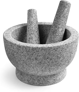 TENINYU 8 Inch Granite Mortar and Pestle Set - 5 Cup Capacity, 2 Pestles, Unpolished Heavy Stone for Spices, Pesto, Guacamole