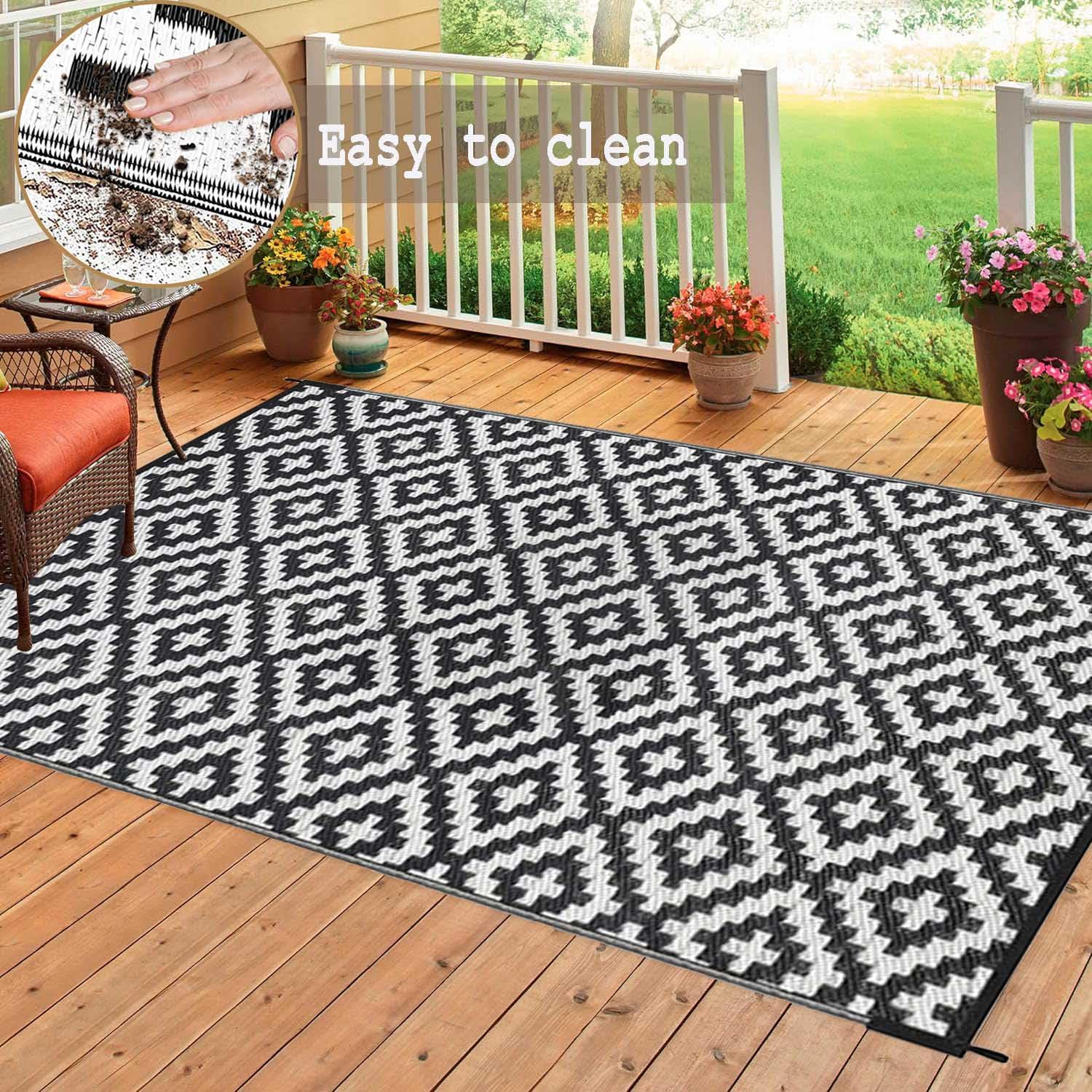 Tapis Terrasse d'extérieur Imperméable Grand Noir et Blanc,Tapis Exterieur Tissage,Tapis de Jardin Pliable Réversible Tapis de Exterieur pour Patio,Porche, Balcon,4x6ft/120x180cm