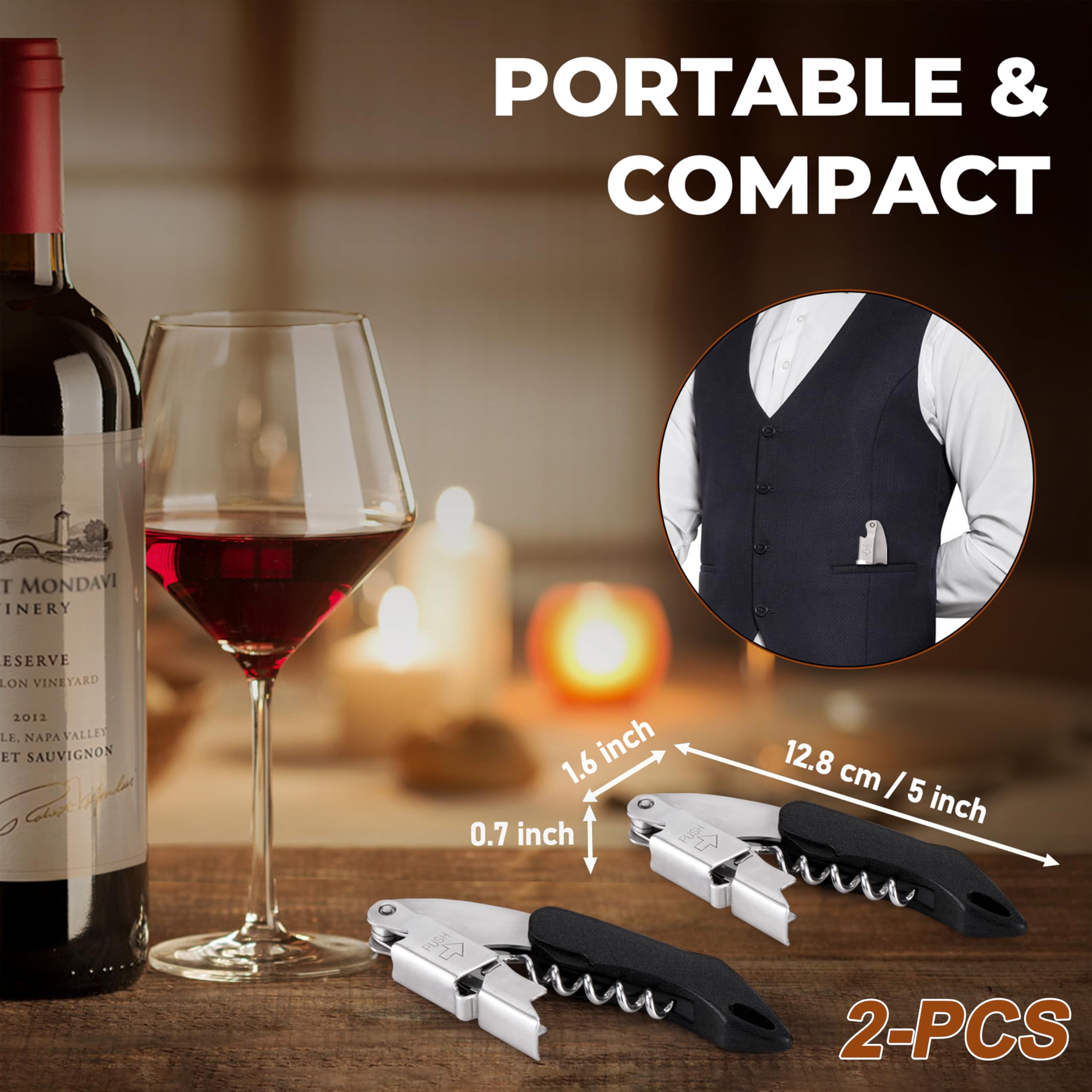 Paquete de 2 llaves profesionales de vino para servidores y camareros, tornillo de corcho resistente con diseño de doble bisagra, sacacorchos para camareros, herramienta para abridor de 6