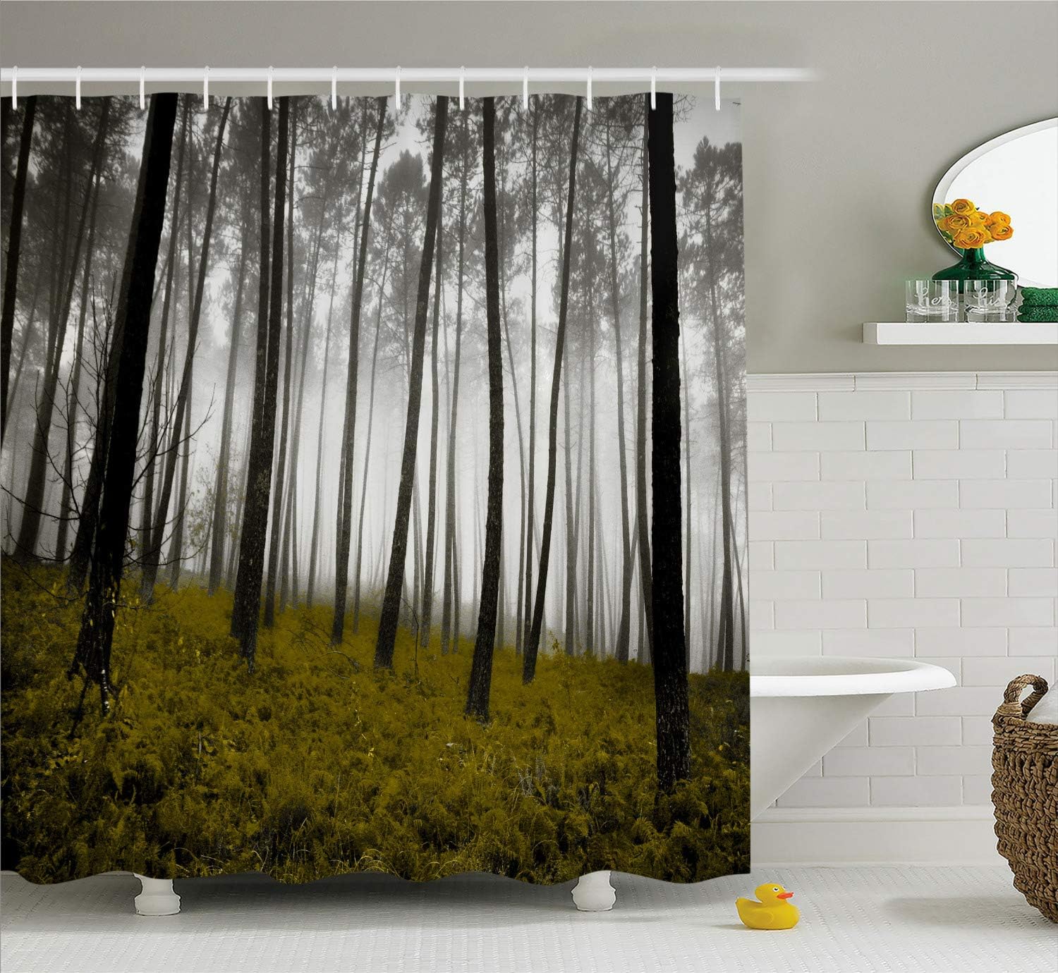 Ambesonne Forest Shower Curtain, Mystical Fantasy Woodland Under Heavy Fog Tall Trees Bushes Contrast Colors, Cloth Fabric Bathroom Decor Set with Hooks, 69" W x 75" L, Sepia Black