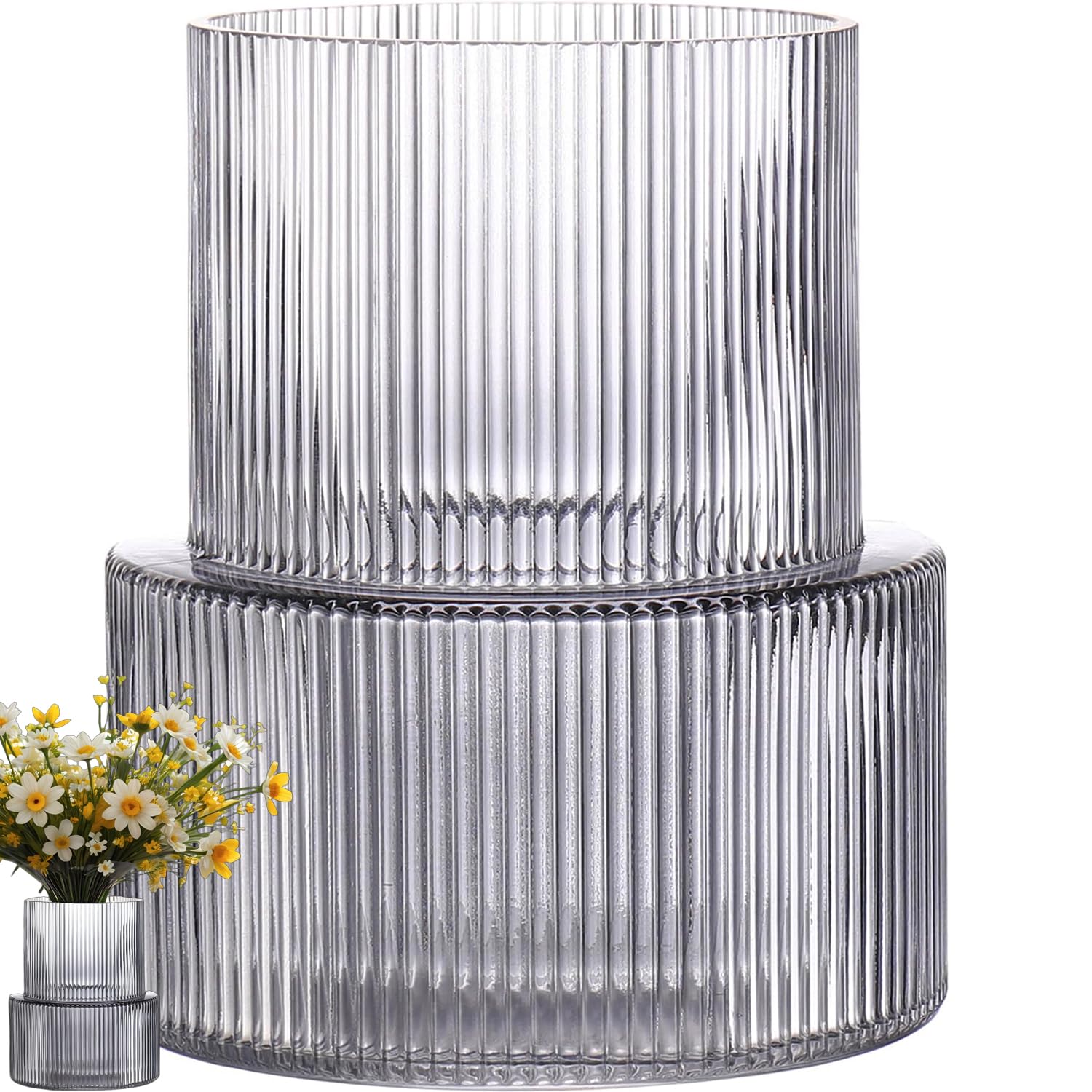 Duscdesp Large Glass Vase,Ribbed Flower Vase,Transparent Glass Vases for Living Room,Office,Wedding,Party,Aesthetic Room Decor(Grey)