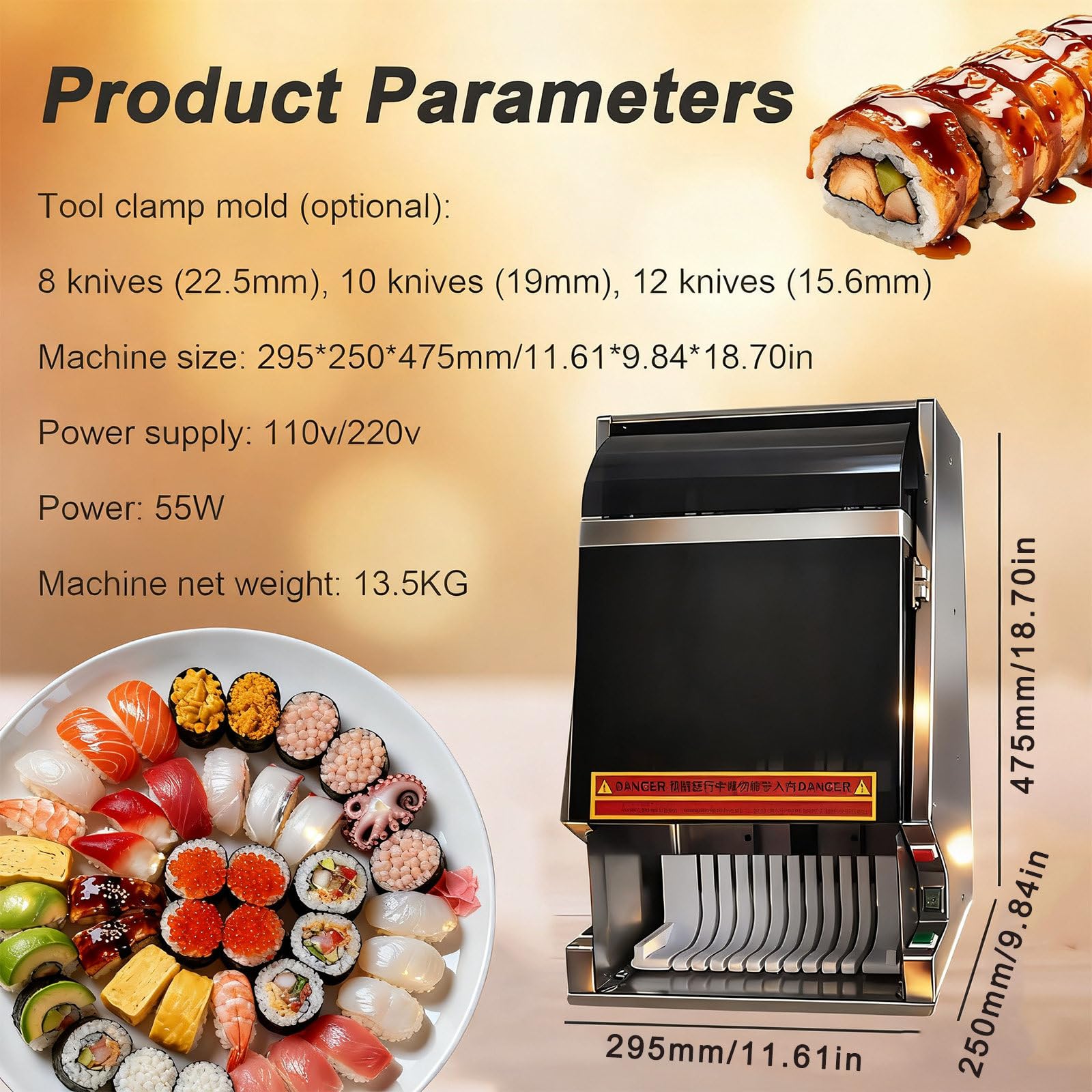 Automatische Sushi-Rollenschneidemaschine Desktop-Multifunktions-Sushi-Rollenschneider 55 W elektrischer Sushi-Maker abnehmbare Klinge für Restaurantküche Snackbar 8pieces