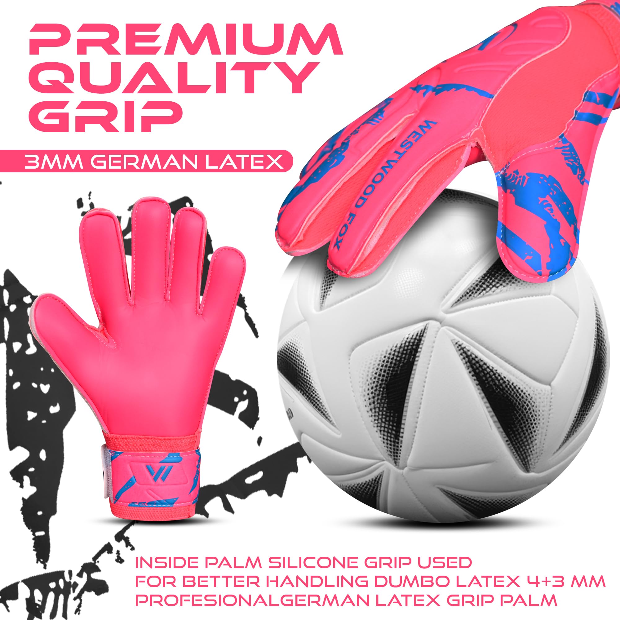 WESTWOOD FOX Goalkeeper Goalie Gloves,Finger Protection Soccer Goalie Gloves for Kids,Youth,Adults,Heavy Grip Palm Dumbo Latex 4+3 mm,Wrist Support