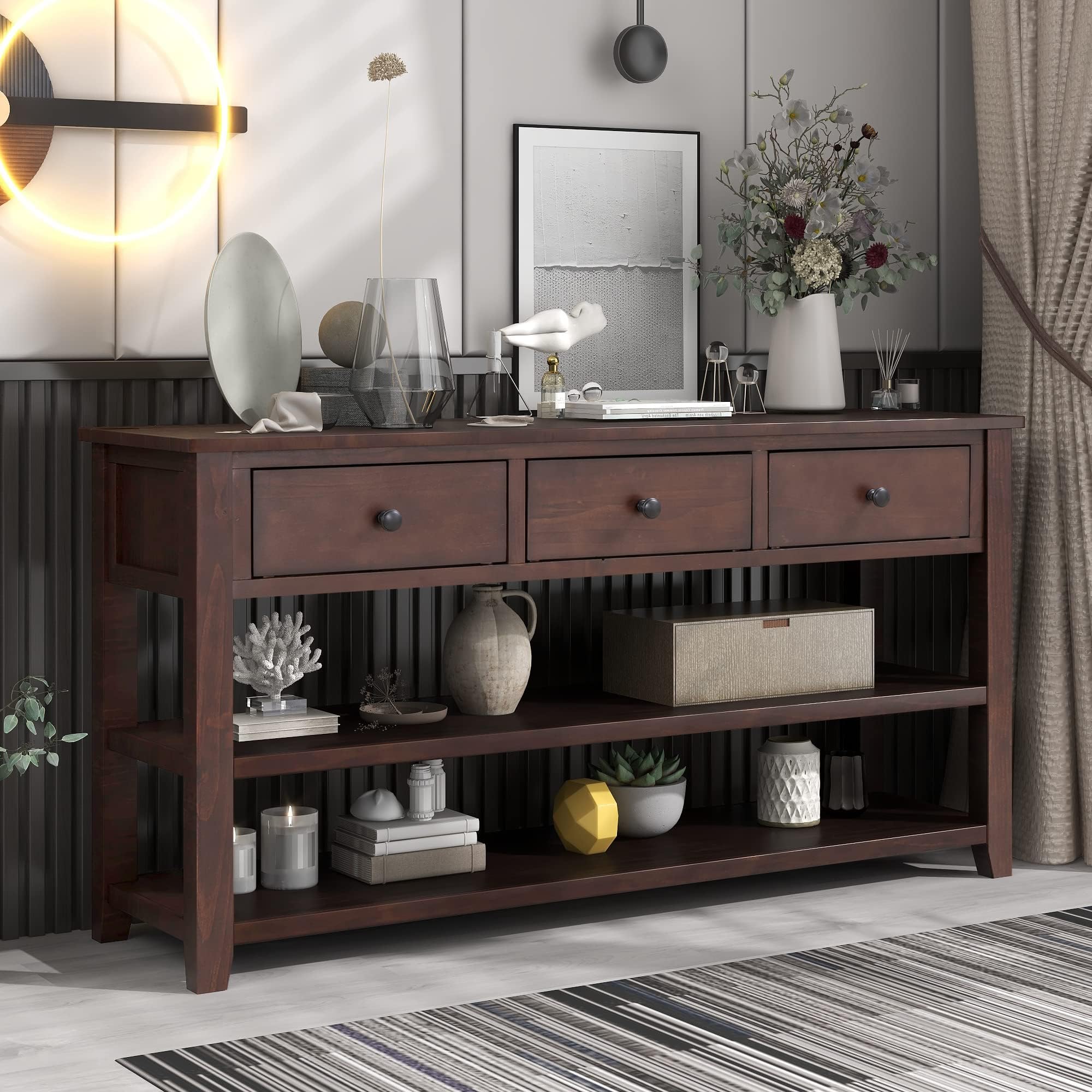 LUMISOL Long Console Table with 3 Storage Drawers, Solid Wood Sofa Table with Storage & Open Shelves, Retro Entryway Tables for Hallway Living Room (Espresso)