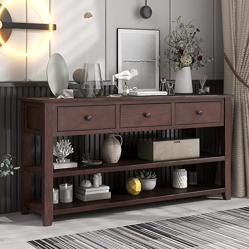 Knocbel Mesa consola vintage con 3 cajones, mesas de sofá con estantes abiertos de doble parte inferior y cestas tejidas de jacinto de agua, para