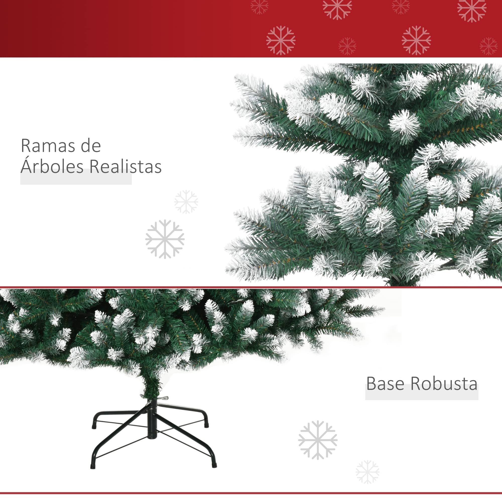 HOMCOM Árbol de Navidad 2012 Ramas con Soporte Metálico 210 cm Verde | Árbol Artificial de Navidad, Puntas Blancas, Realista, para Interiores