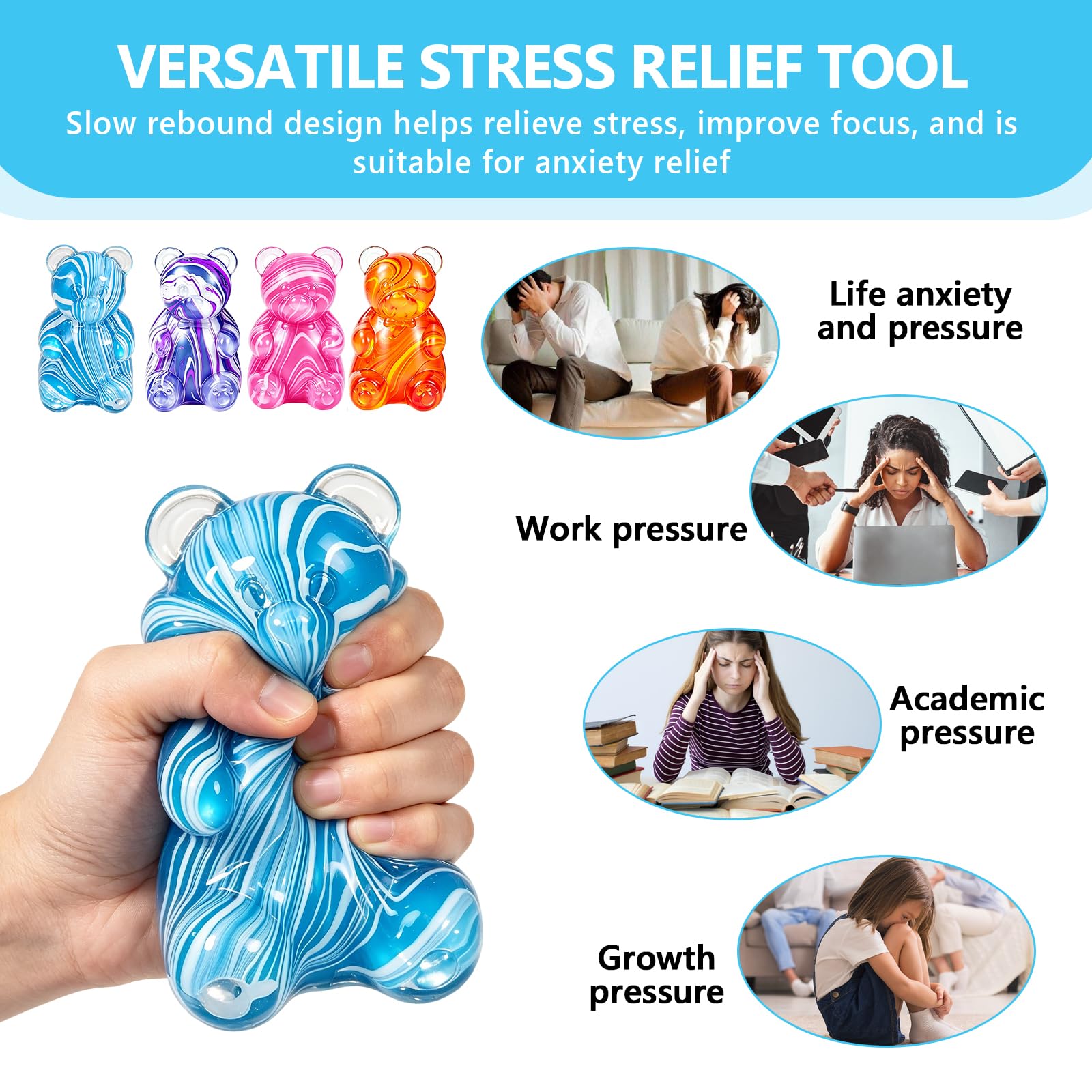 Viilich Gummy Bear Squishy Fidget Toy, Soft TPR Stress Relief Squeeze Toy - Image 4