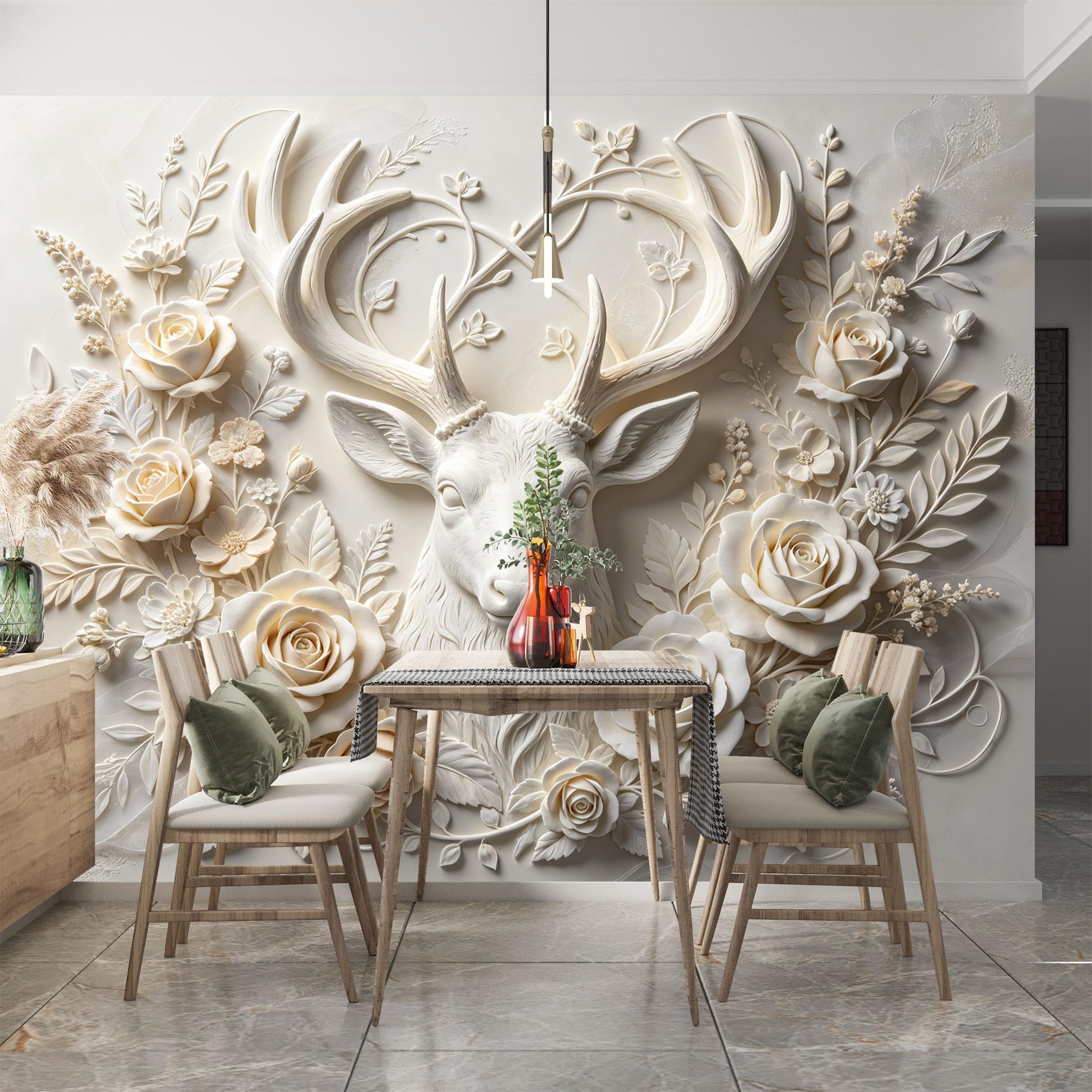Carta Da Parati Murale In Tessuto Non Tessuto Con Cervo E Fiori, Paesaggio 3D Per Soggiorno, Camera Da Letto, Ufficio, Sfondo Tv, Cervo 350 脳 245 Cm L X A