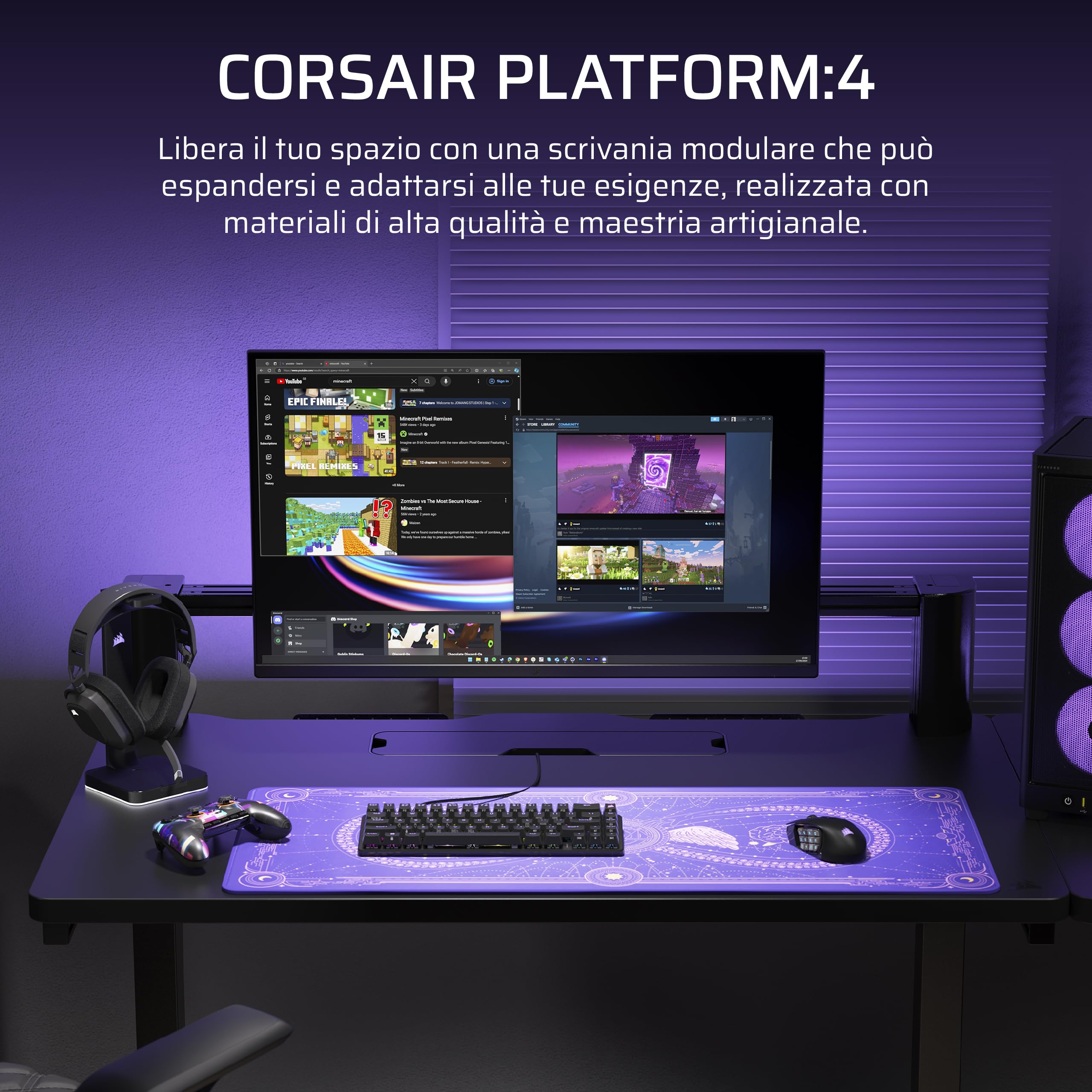 CORSAIR Platform:4 – 120 cm x 76 cm, Altezza Fissa, Scrivania per Computer da Gioco in Piedi, Gestione dei Cavi, Alimentazione USB, Supporto per Monitor Incluso – Nero
