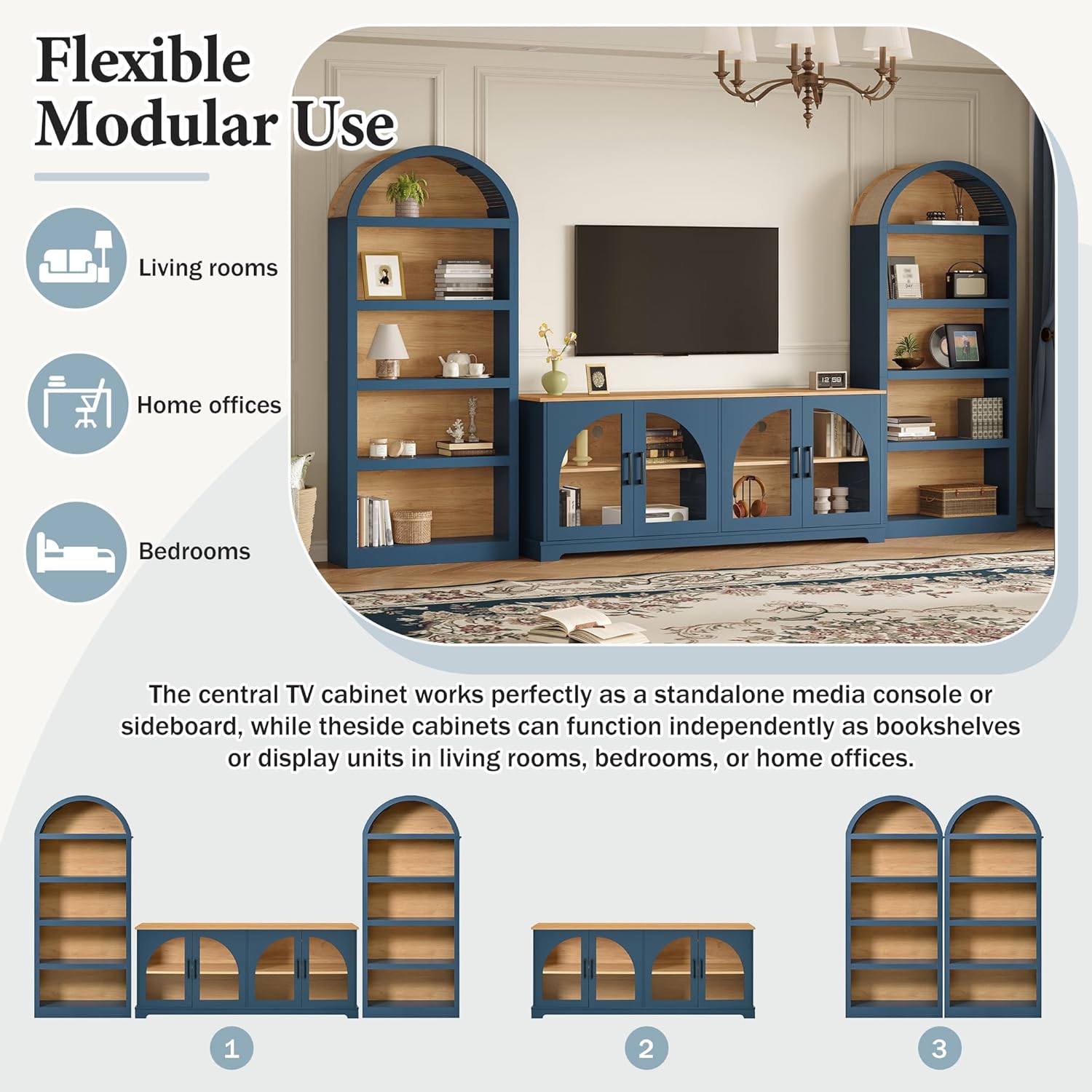 Merax Vintage Farmhouse TV Stand Set for TVs Up to 70" with Bookshelves, Two-Tone & Arched Design Entertainment Center with Tempered Glass Doors, 3-Piece Retro Media Console Sideboard, Blue
