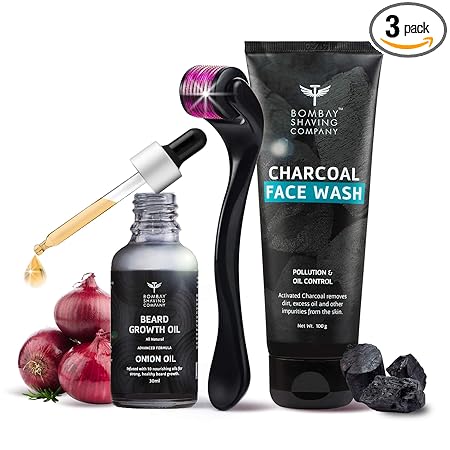Bombay Shaving Company Beard Growth Kit with Onion Beard Growth Oil for Men, Charcoal Face Wash & Beard Activator (Derma roller) For Fast Beard Growth (Set of 3)