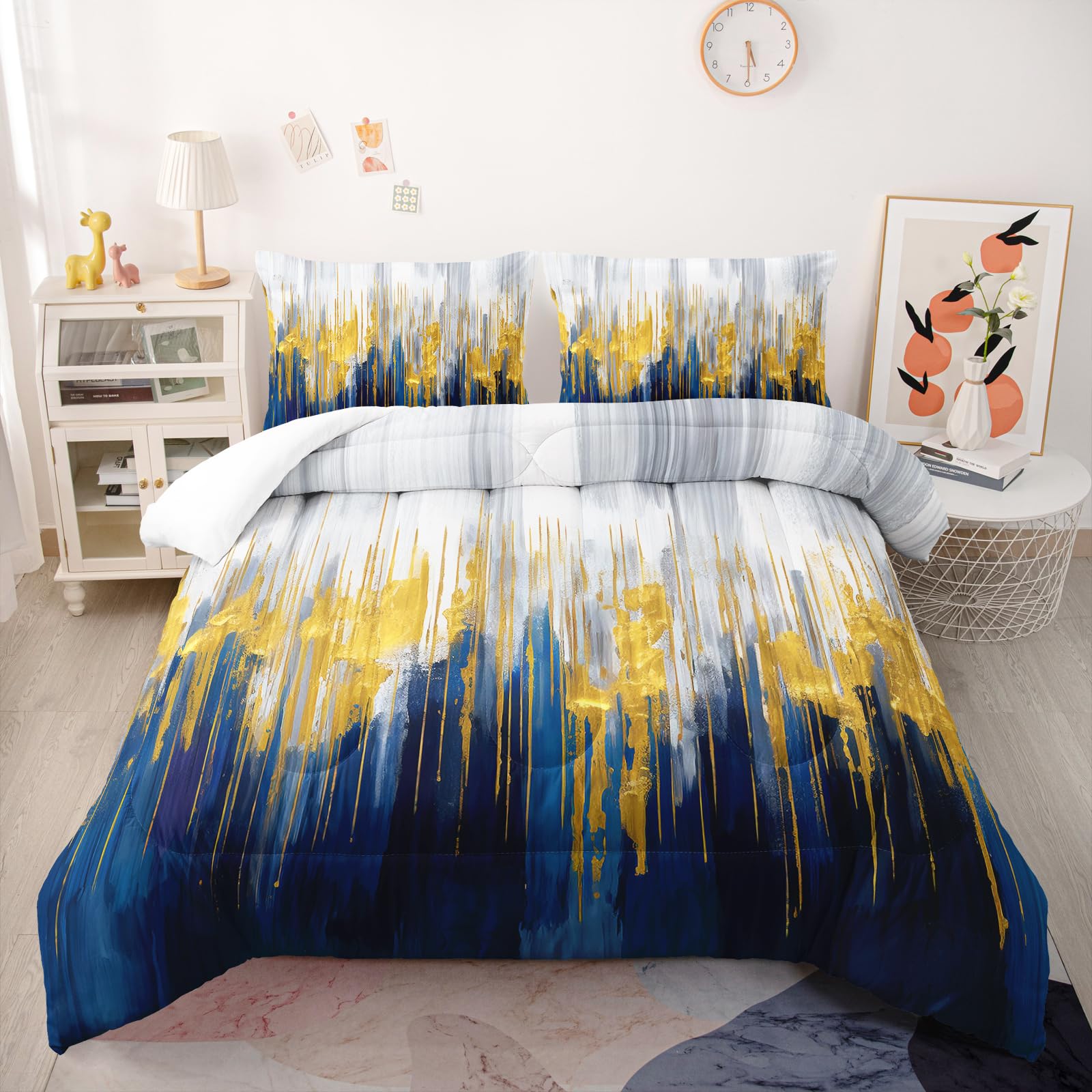 Nttopship Blue White Gold Gradient Color Print Comforter Set King Size,Abstract Art Bedding Set,Patchwork Printed Quilted Set for Teens Adult,with 1