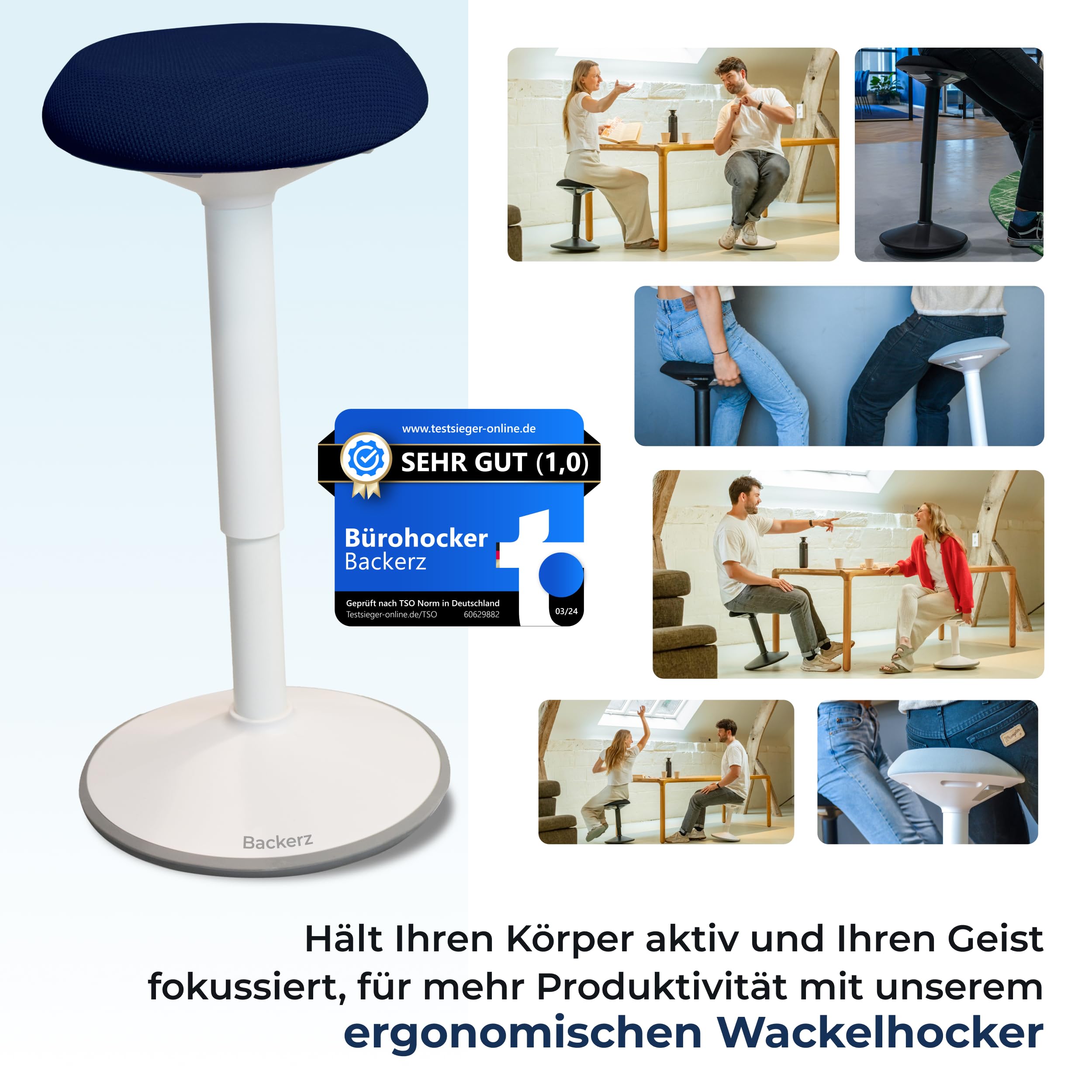 Backerz Ergonomischer Hocker - Bürohocker Testsieger mit 55-80 cm Stehhocker Höhenverstellbar mit Schwingeffekt - Büro Stehstuhl - Rutschfester Sitzhocker Ergonomisch - Wackelhocker Büro - Blau