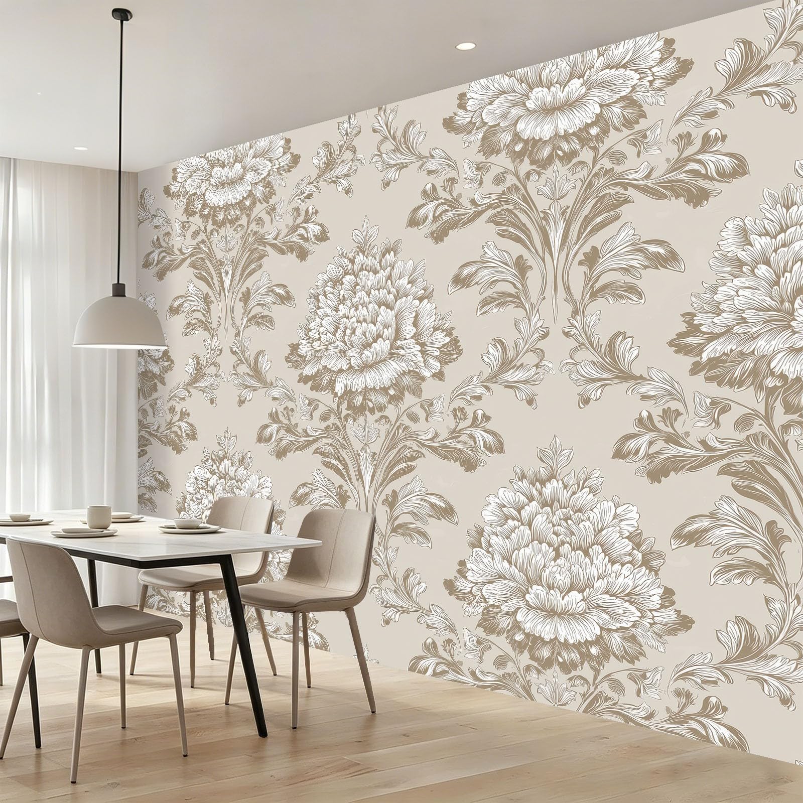 Fototapeta 300 x 210 cm ściany dekoracja salonu apartament główny adamaszek eleganckie kwiaty liście do sypialni salonu tapeta z włókniny, beżowy