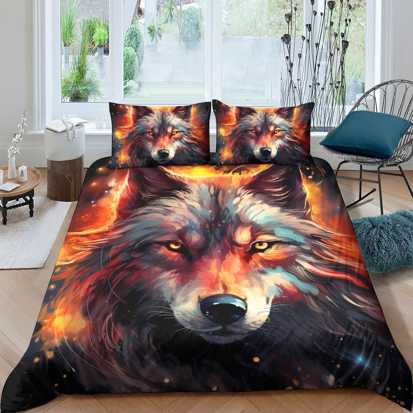 Ctjqhvkz Style-5 3D Printed Fire Wolf Fitted Sheet Microfiber Soft Breathable Forest Night Bed Cover For Bedroom Dorm Mattress Decor Single（135X200cm）