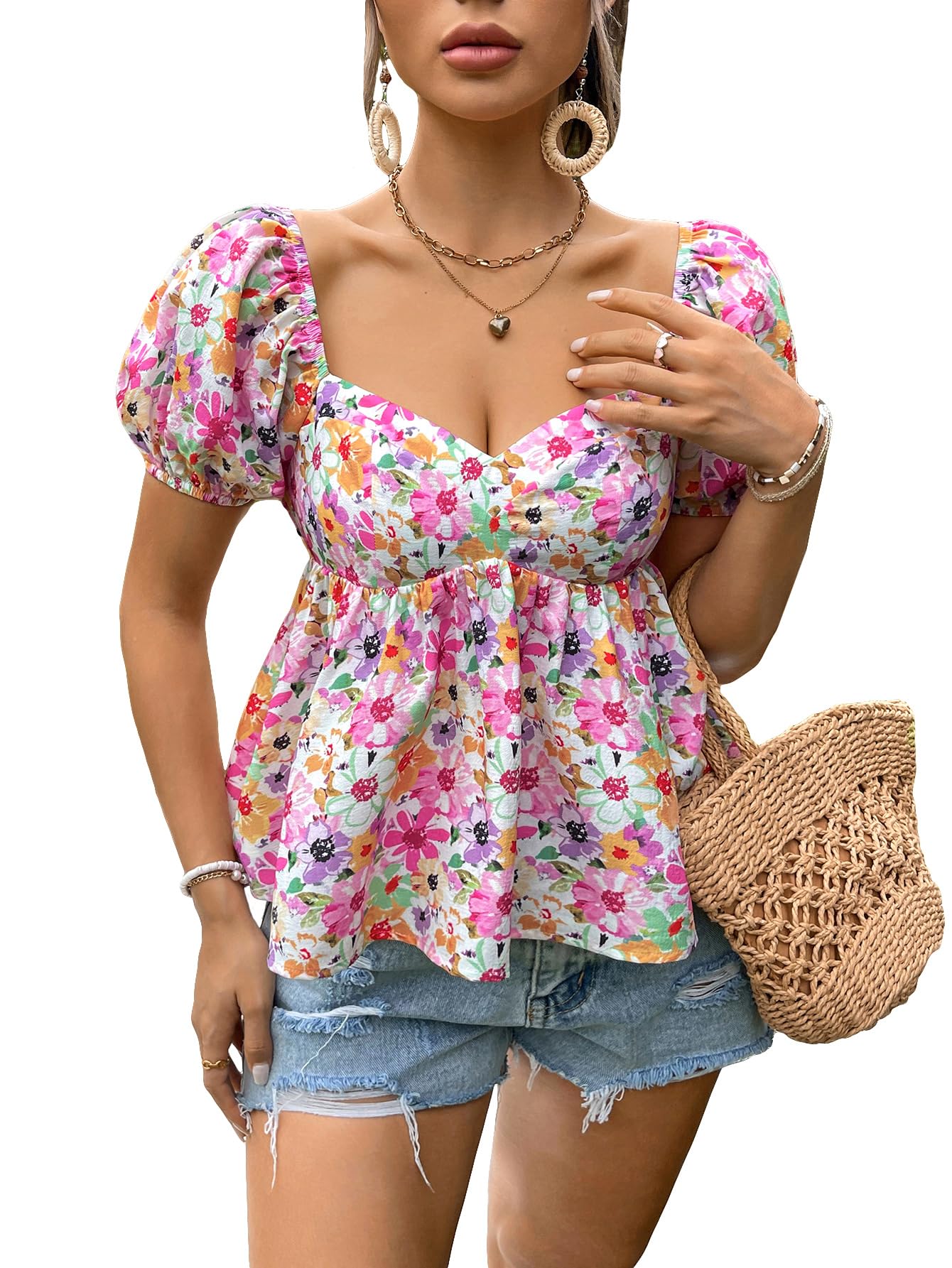 ENFOLD FLOWER CHECK PEPLUM-TOPS ENFOLD FLOWER CHECK PEPLUM-TOPS