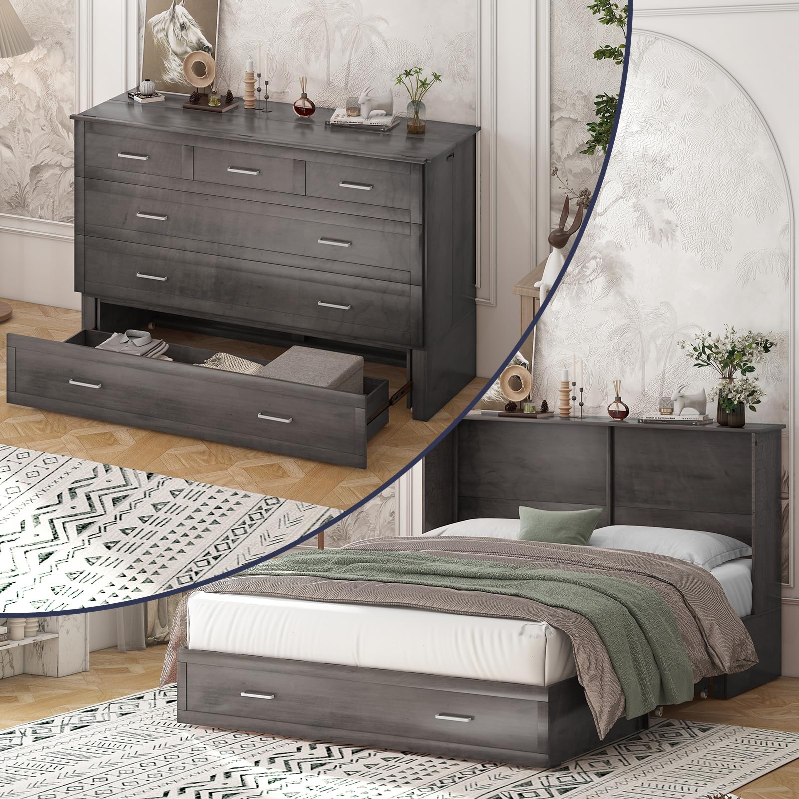 Murphy Bed Cabinet Queen, with Mattress, Charging Station, Storage Drawer, Adult Hidden Murphy Guest Beds, Space Saving for Bedroom, Living Room - Dark Grey