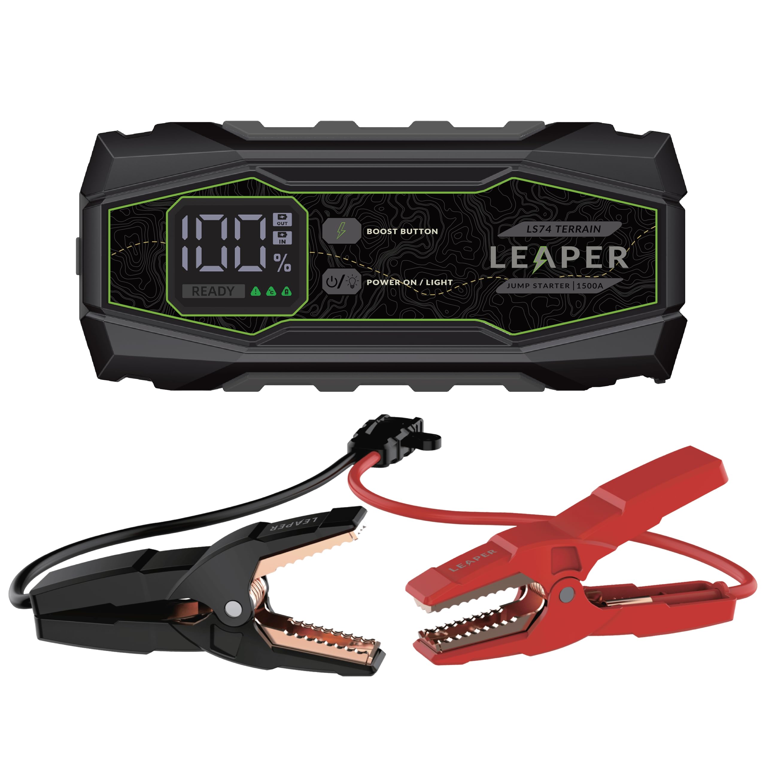 Leaper Arrancador de salto de 12 V, negro, corriente máxima de 1500 A, capacidad de 16000 mAh, pantalla digital de 2.3 pulgadas, abrazaderas negras y rojas resistentes, funda de transporte incluida