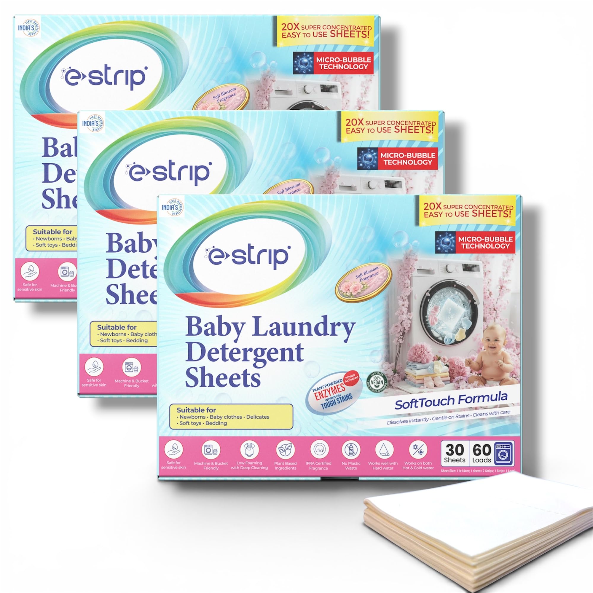 eStrip Baby Laundry Detergent Sheets with Micro-Bubble Technology | Plant-Based, Hypoallergenic | Works in Hot & Cold Water | Machine & Hand Wash Friendly (90 Sheets)-picture-27