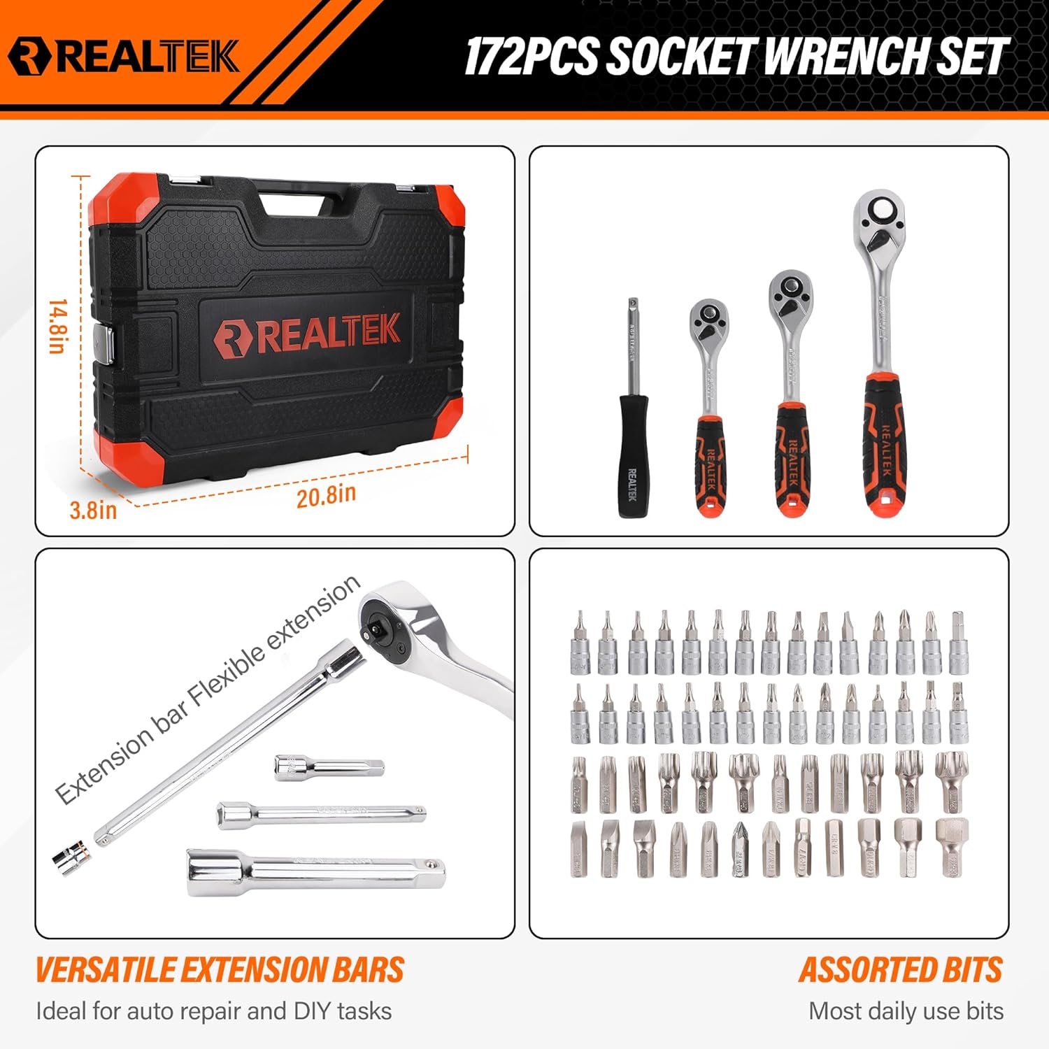1/4" Socket Ratchet Wrench Screwdriver Set, 172PCS CR-V Metric Wrench Set with Extension Bar, Quick-Release Ratchet Wrench with Bit Socket Set for Auto Repairing, Household with Durable Tool Case