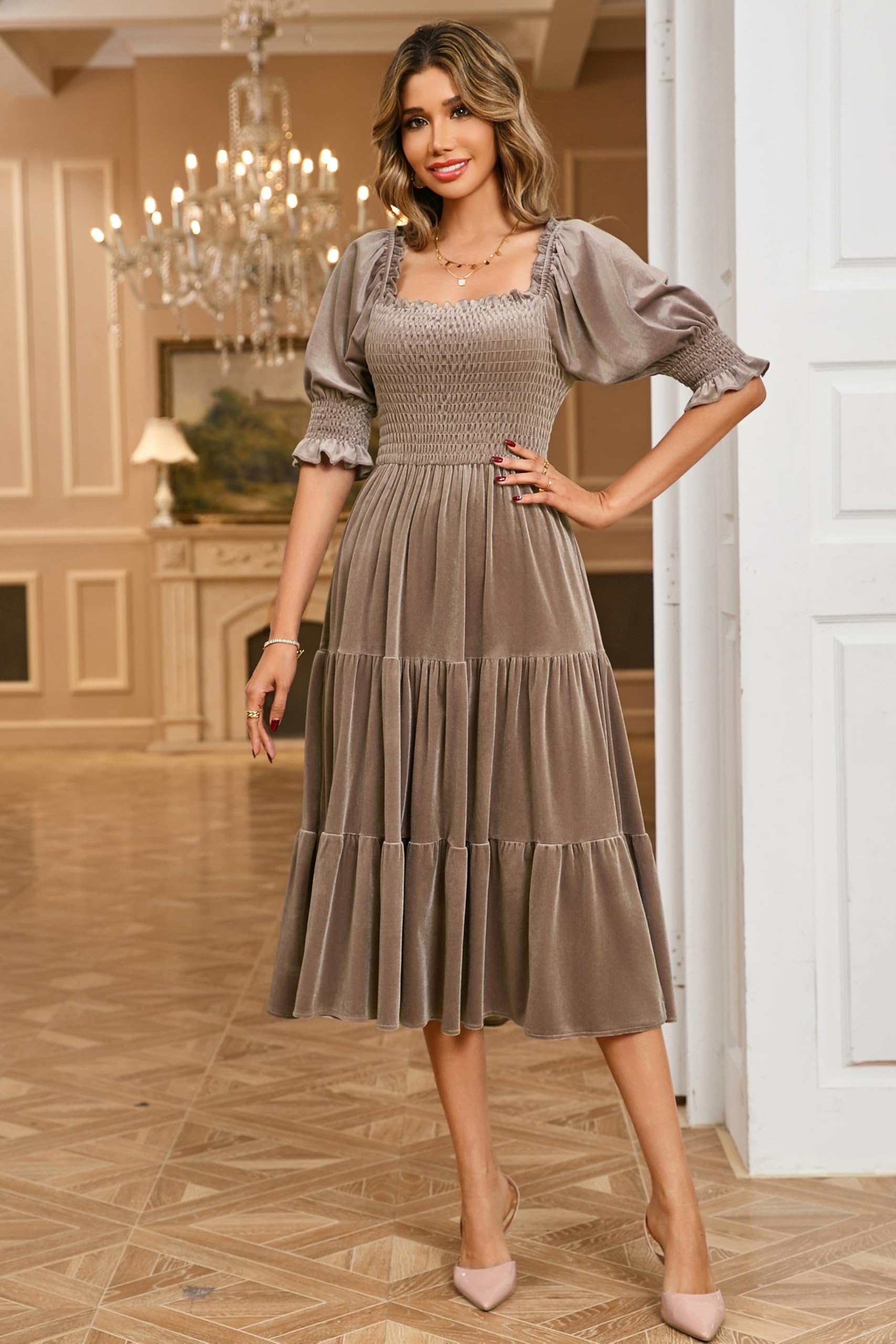 R.Vivimos Automne Hiver Femme Robe Velours Col Carré Manches Bouffantes Robe Midi Smock Une Ligne Volants Robe Longue