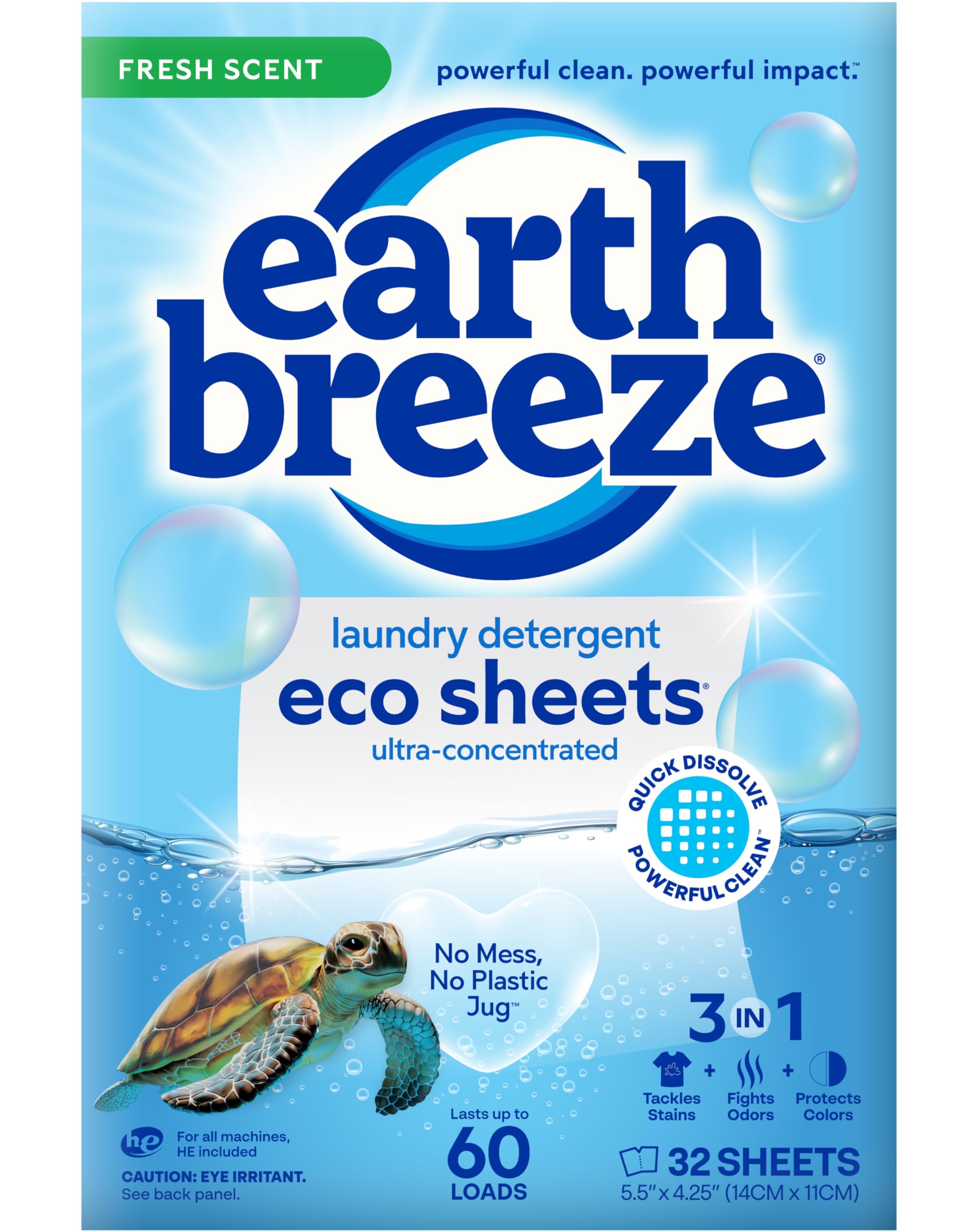 Earth Breeze Laundry Detergent Sheets Fresh Scent - 60 Loads Eco Liquidless Soap - Travel-Friendly for Hot & Cold Cycles, Tackles Tough Stains & Odors - Gentle on Skin, 30 Ct