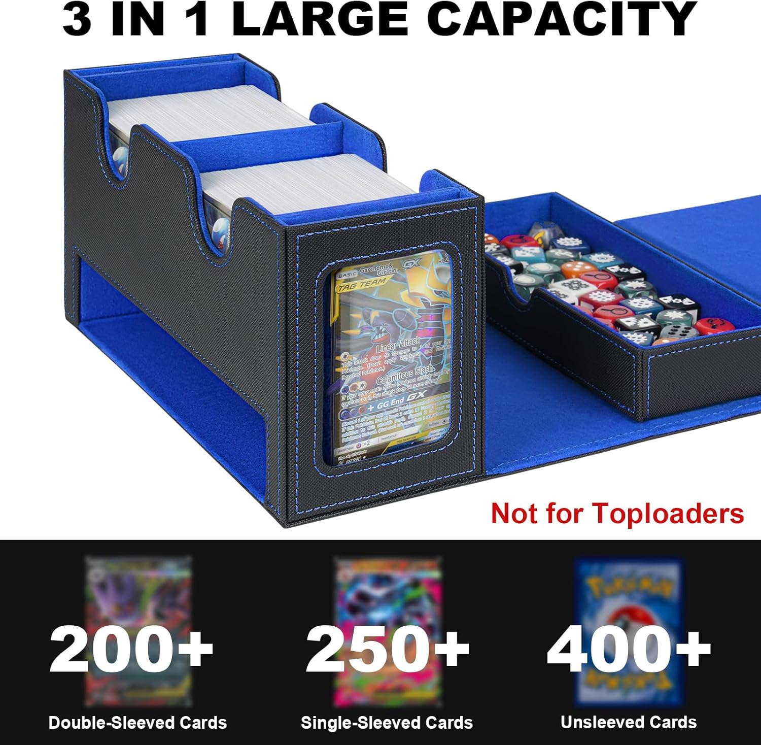 Card Deck Box for MTG Commander, Deck Display Case Holds 200+ Double-Sleeved Cards, 35pt Card Brick & Dice Tray, Storage Box For TCG CCG Sports, Black&Blue