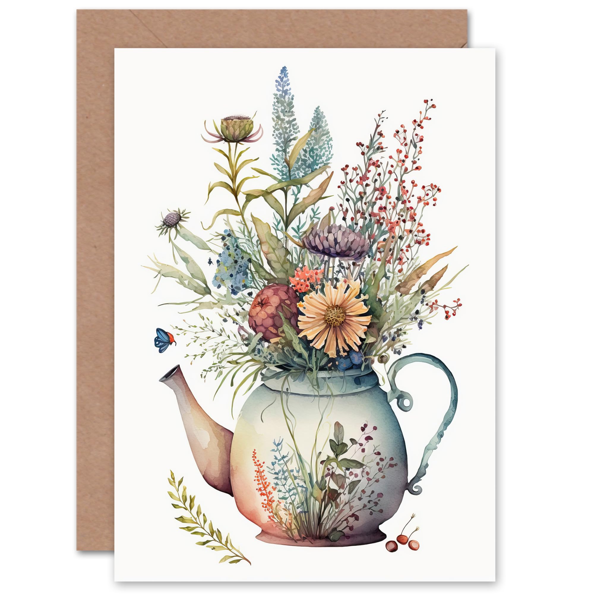 Wildflower Floral Bouquet in China Pattern Teapot Birthday Blank Greeting Card