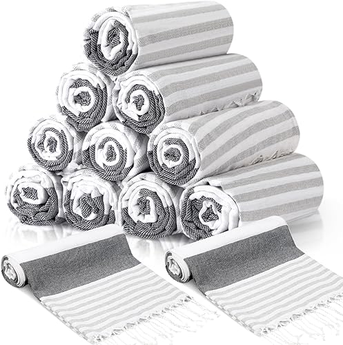 Oudain 10 toallas turcas de playa de algodón a granel de secado rápido, 71 x 40 pulgadas, ligeras, sin arena, con borlas a rayas, para ducha,