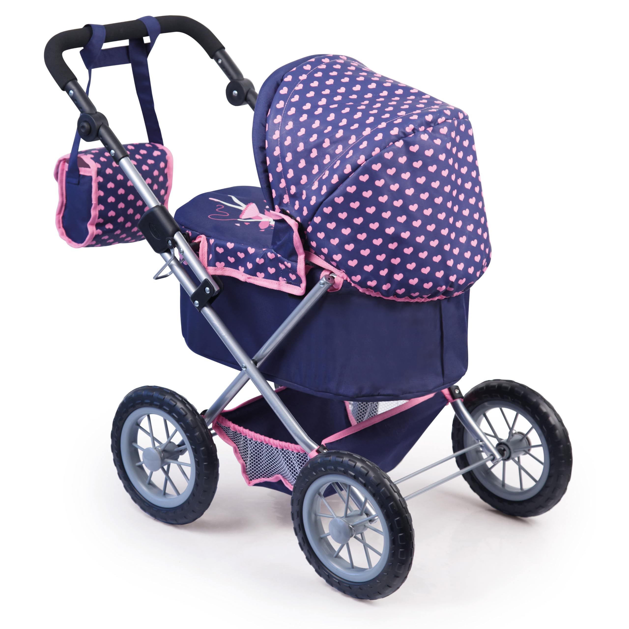 Bayer Design 13052AA Wózek dla lalek Trendy z torbą, regulowaną rączką, składany, zintegrowanym koszem, dużymi kołami, dla chłopców i dziewczynek od 3 lat