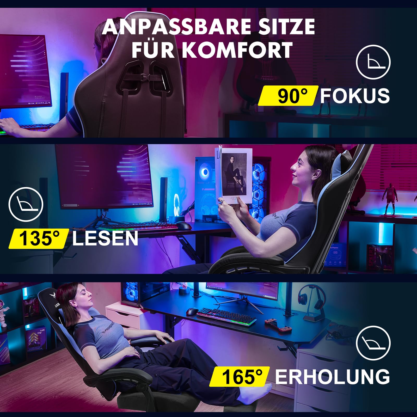 LUCKRACER Fotel gamingowy z podnóżkiem, ergonomiczny, z regulowaną poduszką lędźwiową, poduszka pod głowę, fotel gamingowy, z regulacją wysokości, obciążenie 150 kg, kolor niebieski