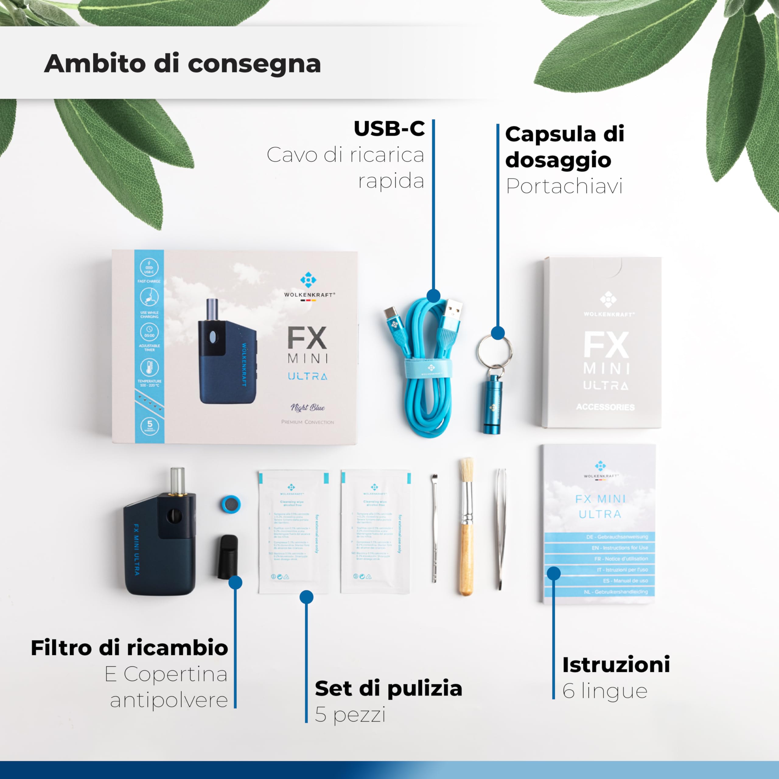WOLKENKRAFT FX MINI ULTRA Premium Vaporizzatore - USB-C | Bocchino a scorrimento | Camera dei Titani | Temperatura 100-220°C | Durata di funzionamento regolabile | 100% convezione *blu notte*