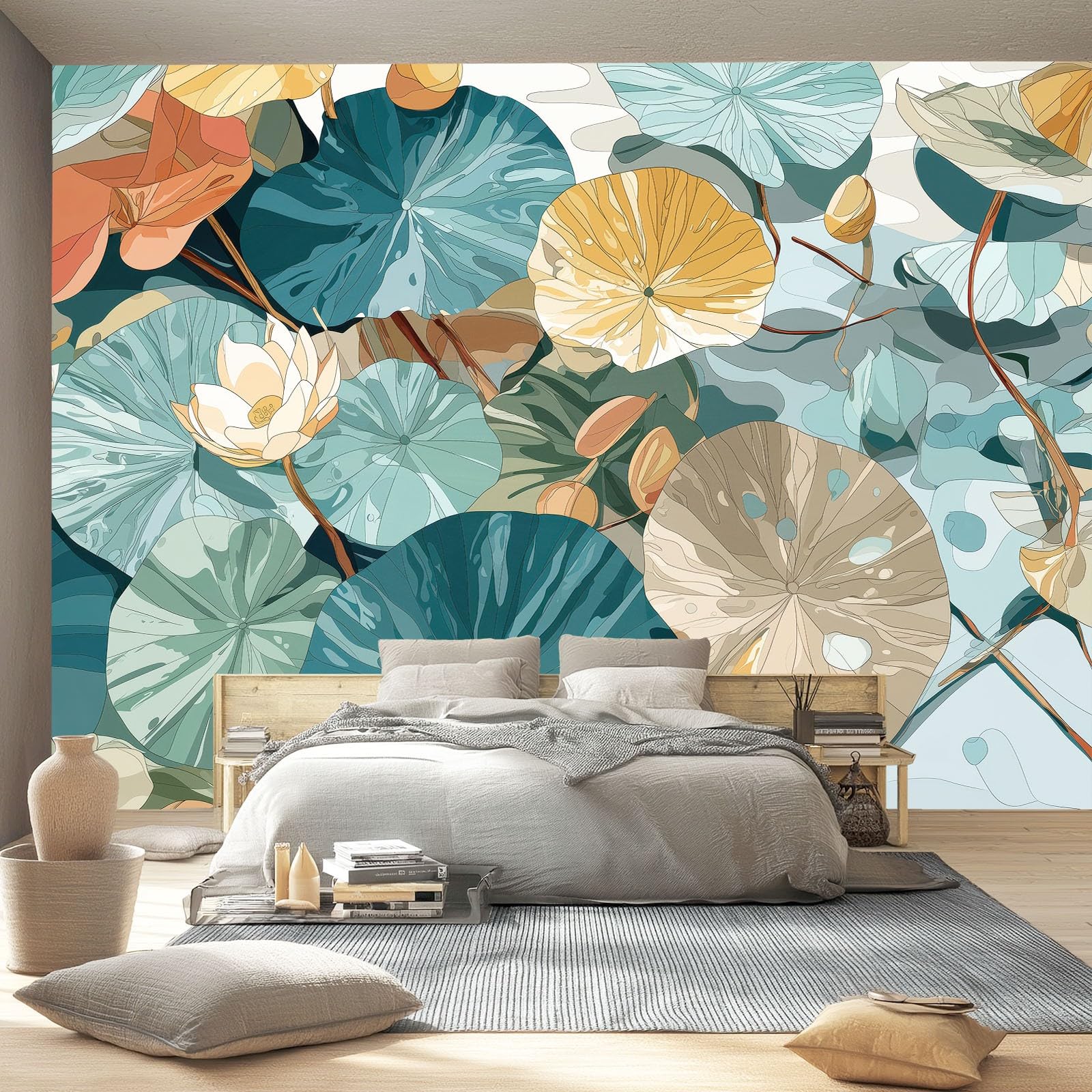 Fototapeta ścienna 250 x 175 cm (szer. x wys.), wzór rośliny boho lilia wodna, instalacja naklejana fototapeta do gabinetu i małej sypialni