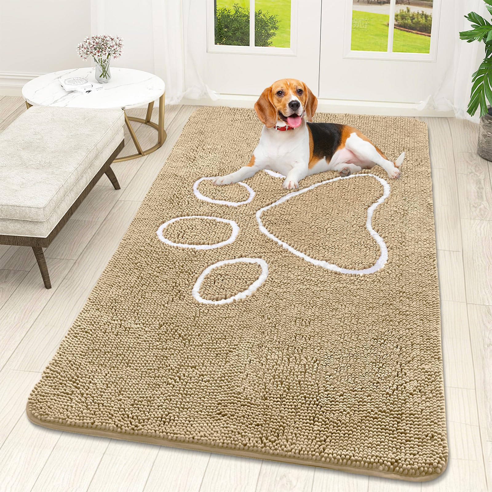 OLANLY Dog Door Mat for Muddy Paws 59x32, Paw Print Design Chenille Mud Mat