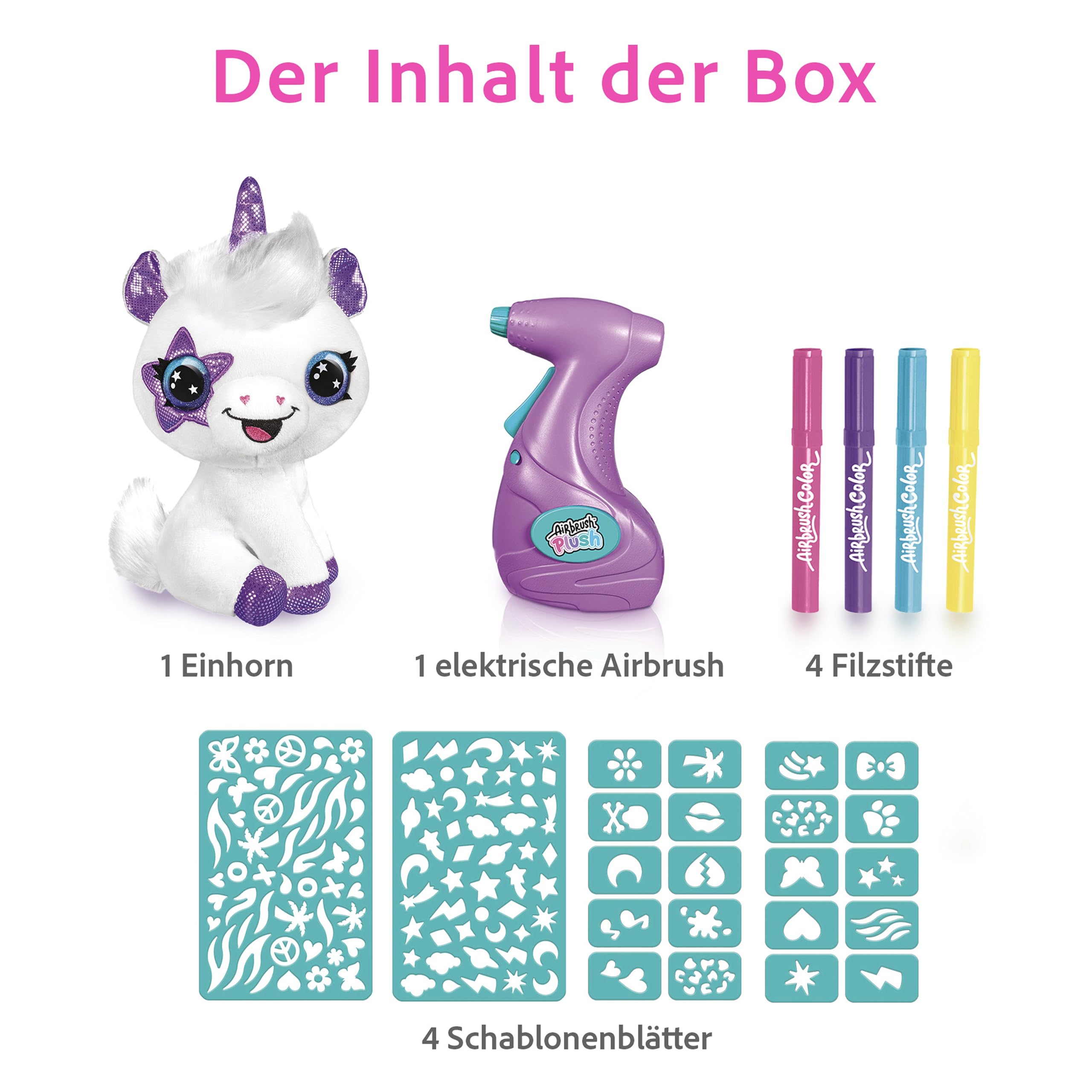 Canal Toys - Airbrush Plush OFG 228- Airbrush your Plush toy, bemalen Sie Ihr eigenes Plüschtier mit elektrischer Airbrush-Spritzpistole, Markern und Schablonen, 1 Einhorn-Plüsch, weiß