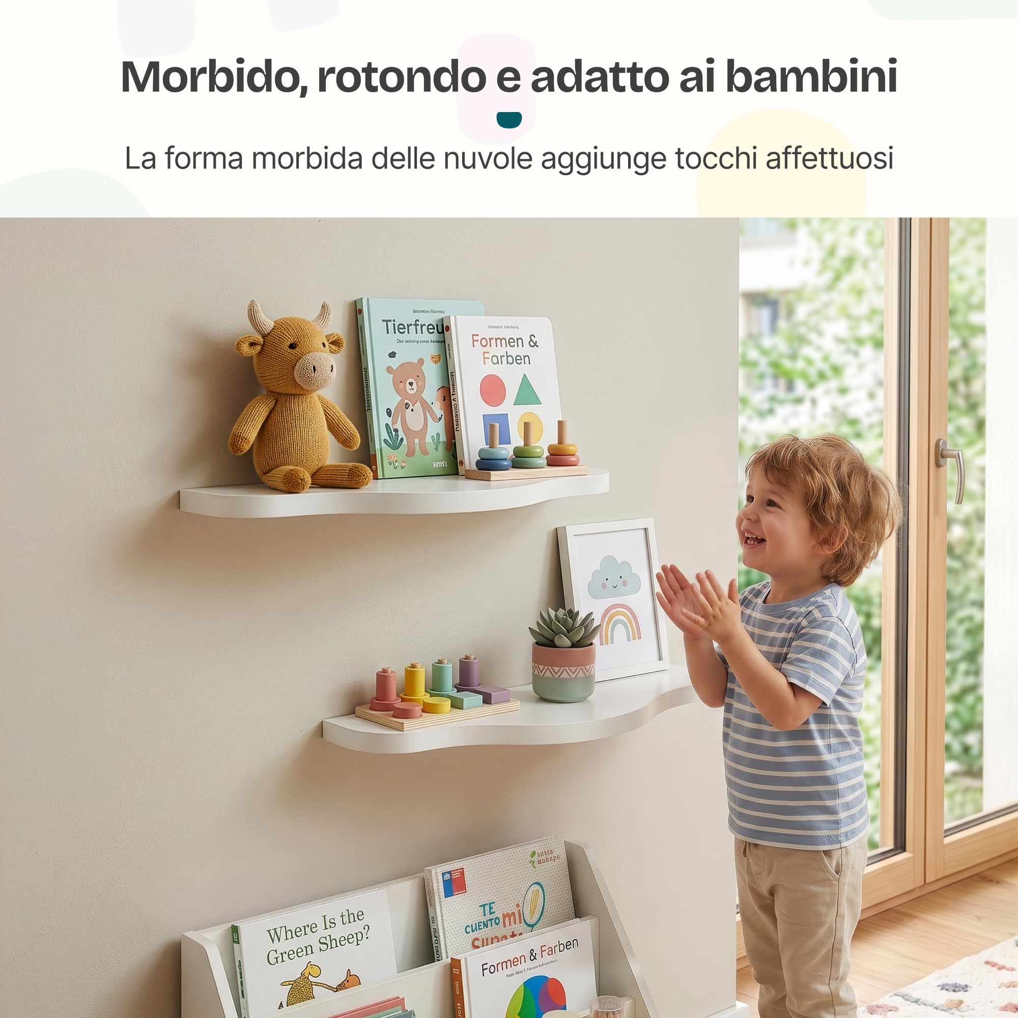 [en.casa] Set di 2 Mensole da Parete per Bambini Ripiani Decorativi Portaoggetti Sospesi a Muro per Libri Giocattoli Decorazioni Cameretta Soggiorno Corridoio 57 x 19 x 3 cm - Bianco