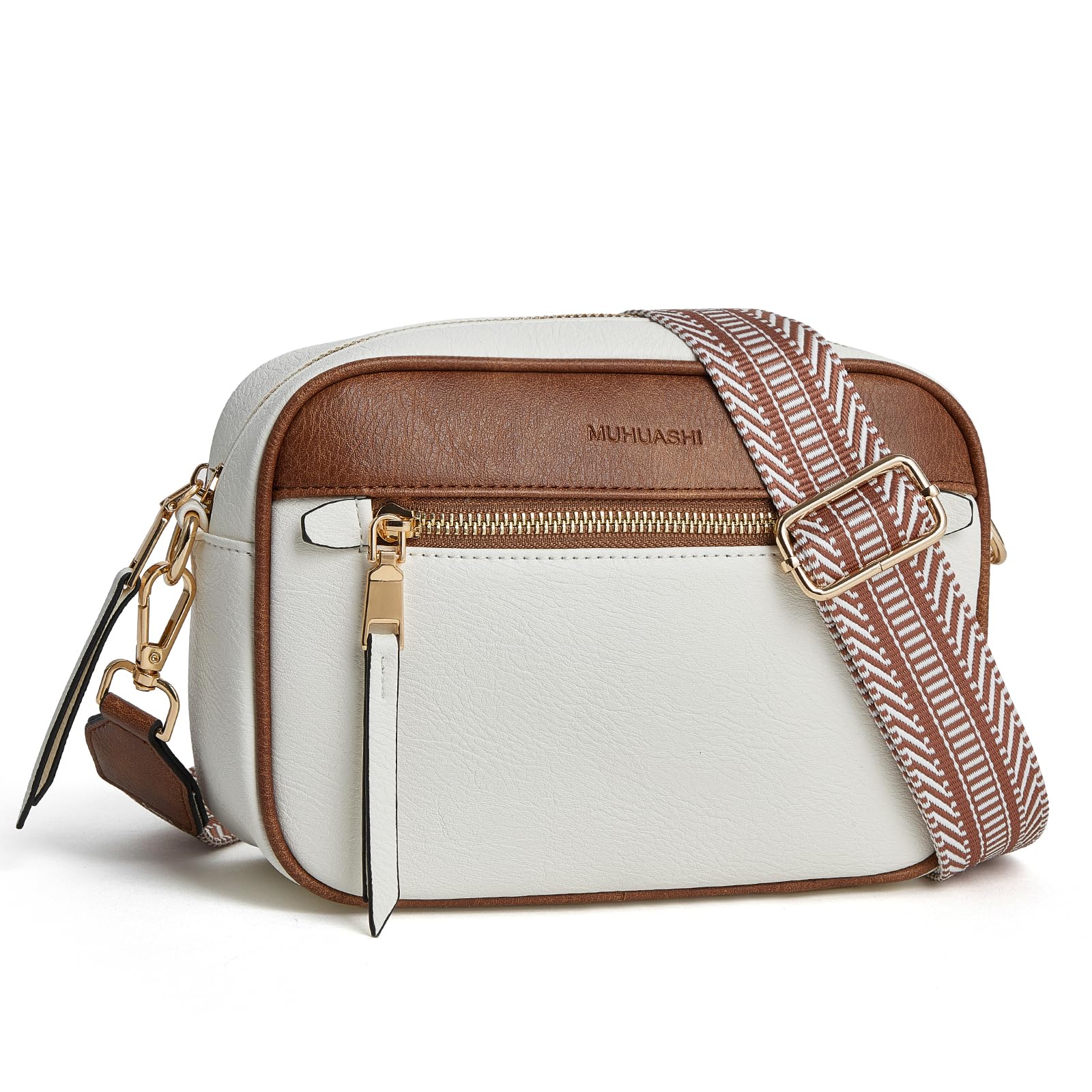 Small Crossbody Bag for Women Triple Pockets Vegan Leather Shoulder Camera Purse with Long Guitar Strap
