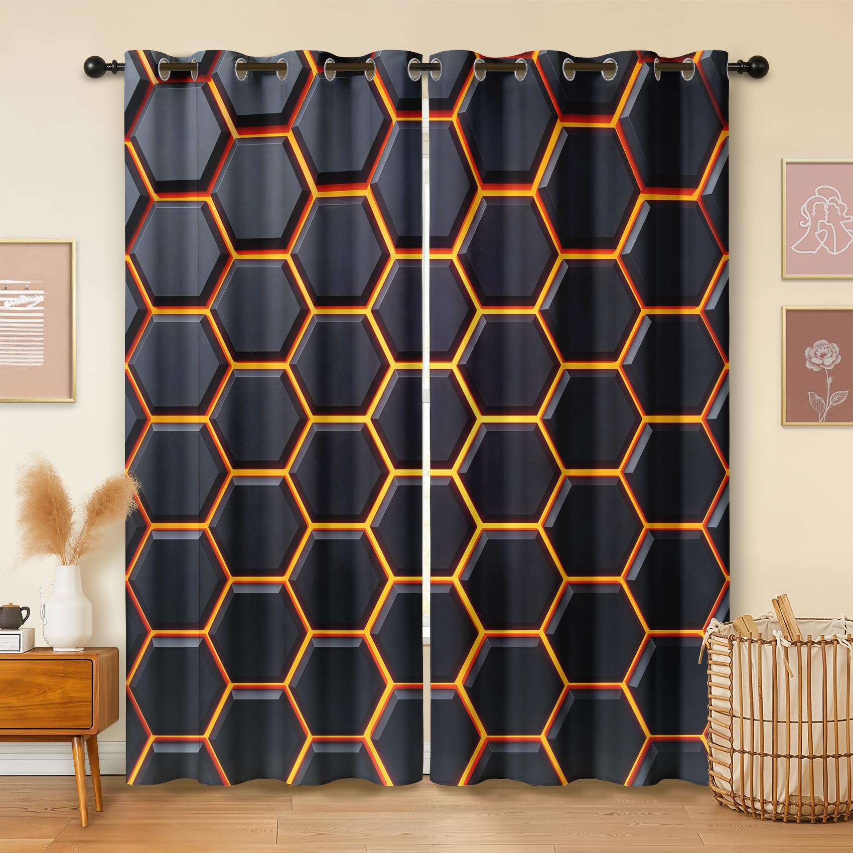 Havenix Gaming Room 3D Hexagon Blackout Curtains for Bedroom Living Room, Eyelet Curtains 183cm Drop, Thermal Insulated Drapes for Windows, Black and Orange Geometric Window Treatments, 2 Panels