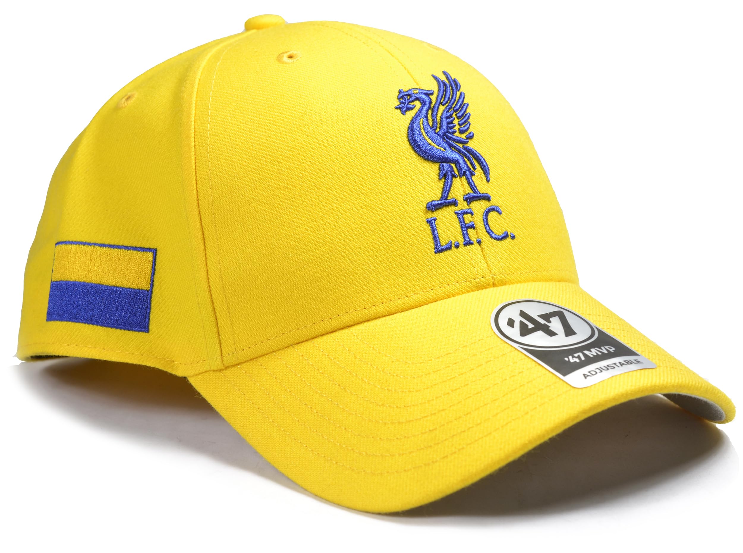 47 Liverpool L.F.C. MVP Baseball Cap, Yellow with Blue Liverbird Crest and Ukraine Flag, Adjustable