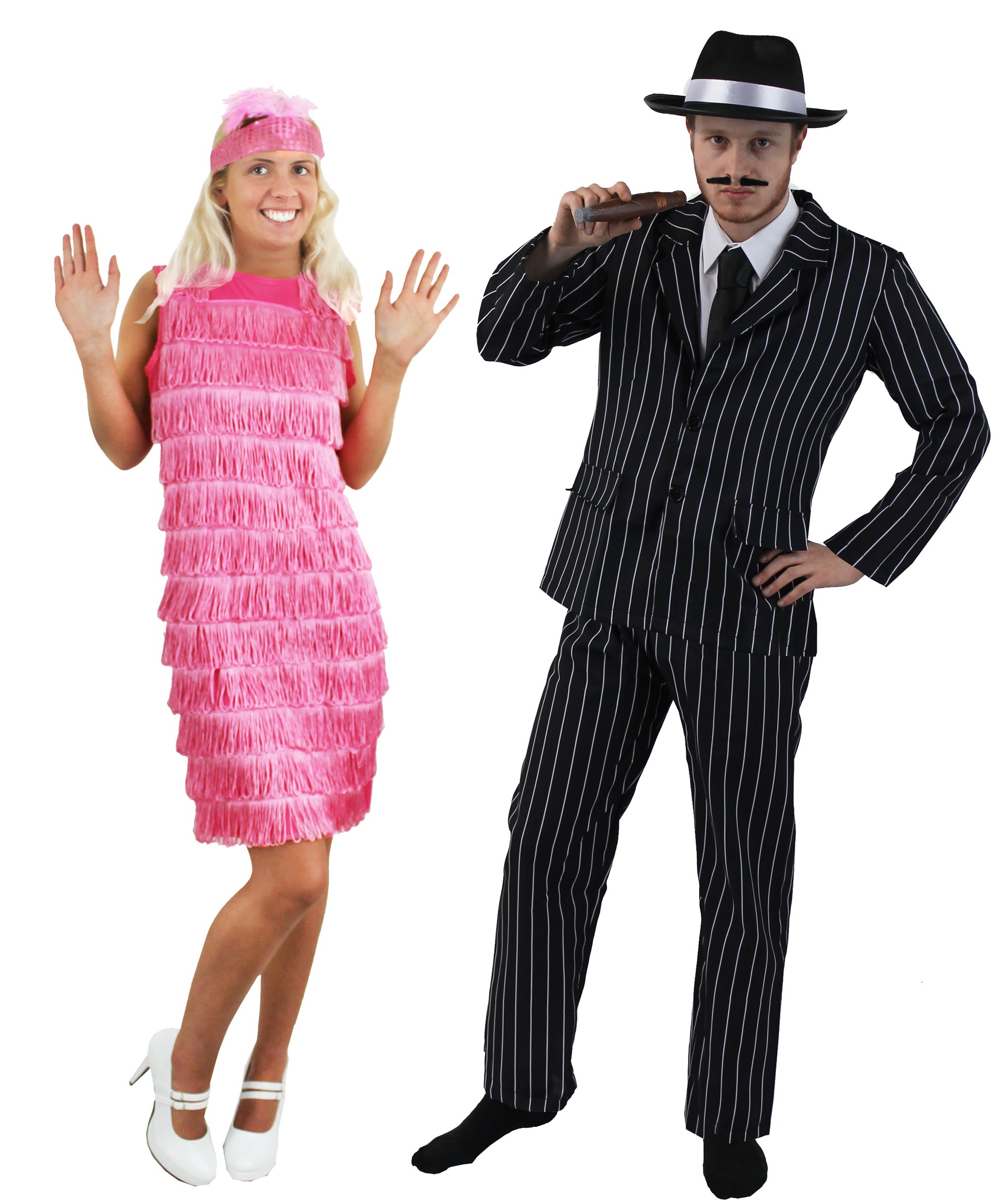 I LOVE FANCY DRESS LTD 1920's=para gangsterska = Halloween karnewal -Faksching=paski Nadelowe garnitur w 5 rozmiarach +kapelusz gangsterski + cygara + królik + frędzle + opaska na czoło + pióro = garnitur XL + sukienka/różowy XXL