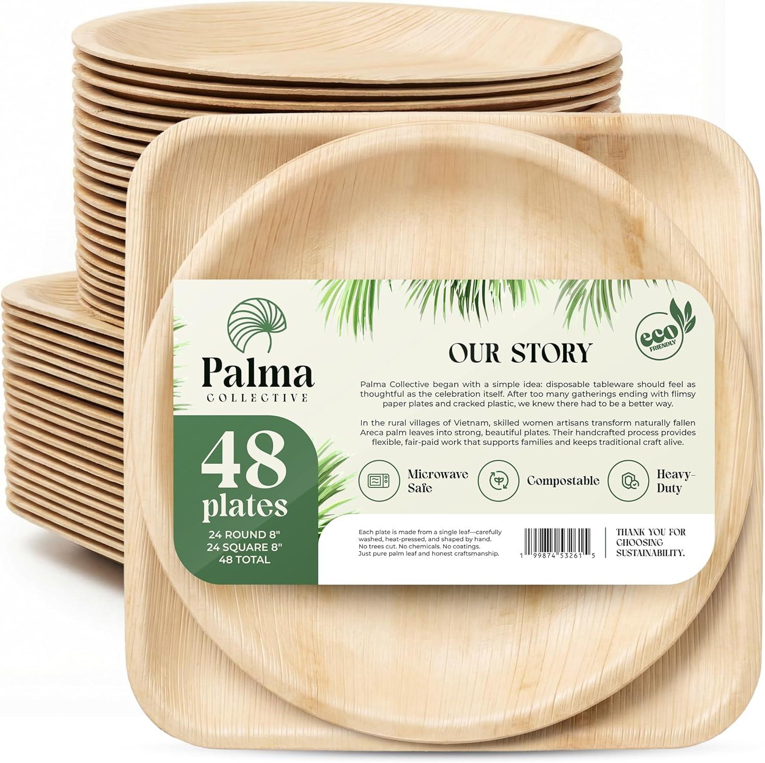 Palm Leaf Plates 48 Pack (24 Round + 24 Square 8 Inch) - Heavy Duty Compostable Disposable Plates Like Bamboo - Eco Friendly Biodegradable Party Plates for Wedding Events