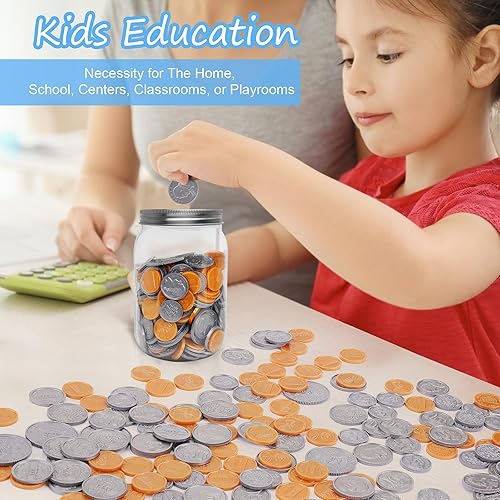 Miniatura 6 de Monedas de dinero para niños, 250 monedas de dinero falsas detalladas con tarro de albañil, juego de monedas de dinero de simulación de enseñanza