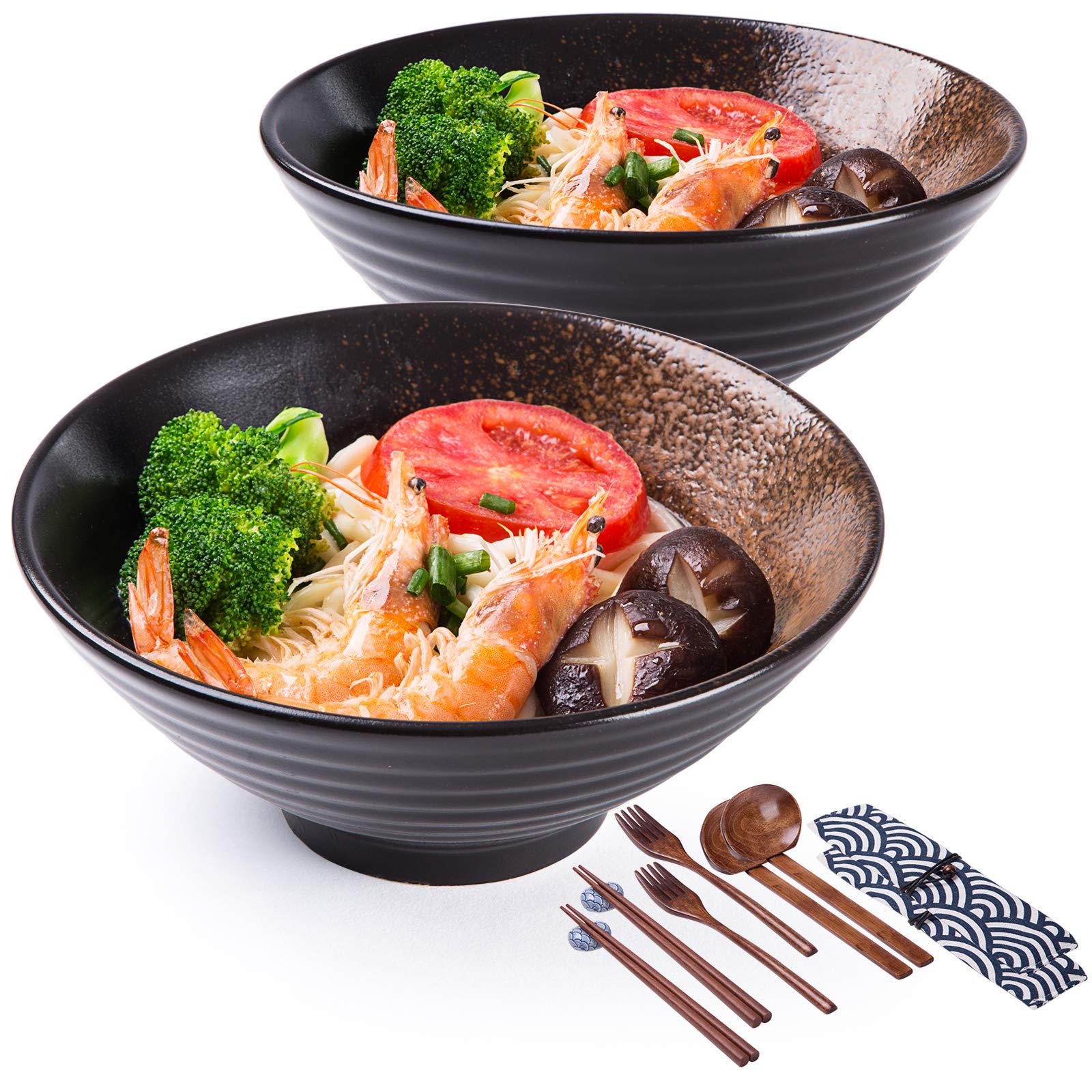 Porzellan Ramenschale mit Essstäbchen und Löffel, Set mit 2 großen japanischen Schüsseln 900 ml für Nudeln, Udon, Pho, Nudeln, Suppe und Salat, handgefertigte Müslischalen und Nudelschalen