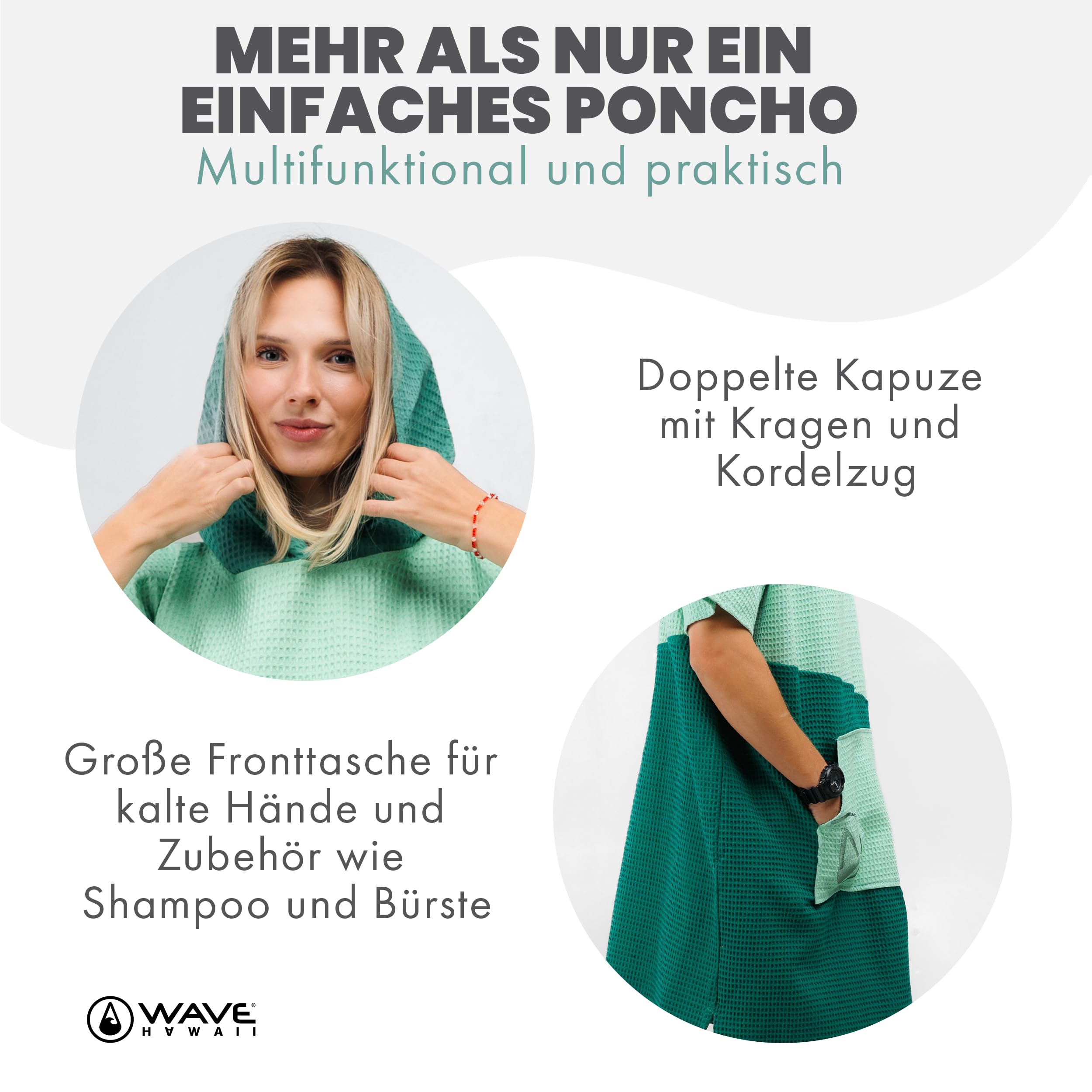 WAVE HAWAII Bade-Poncho Damen & Herren, Größe S/M, 150-180cm, 100% Baumwolle Surf-Poncho Erwachsene, Travel-Poncho Handtuch mit hoher Wasserabsorption, Umziehhilfe Strand Erwachsene