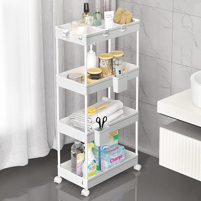 SPACEKEEPER Storage Trolley 4-Tier Rolling Utility Cart Slide Out Shelving Organization Shelf for Laundry Bathroom Kitchen with Two Small Containers & Hooks White